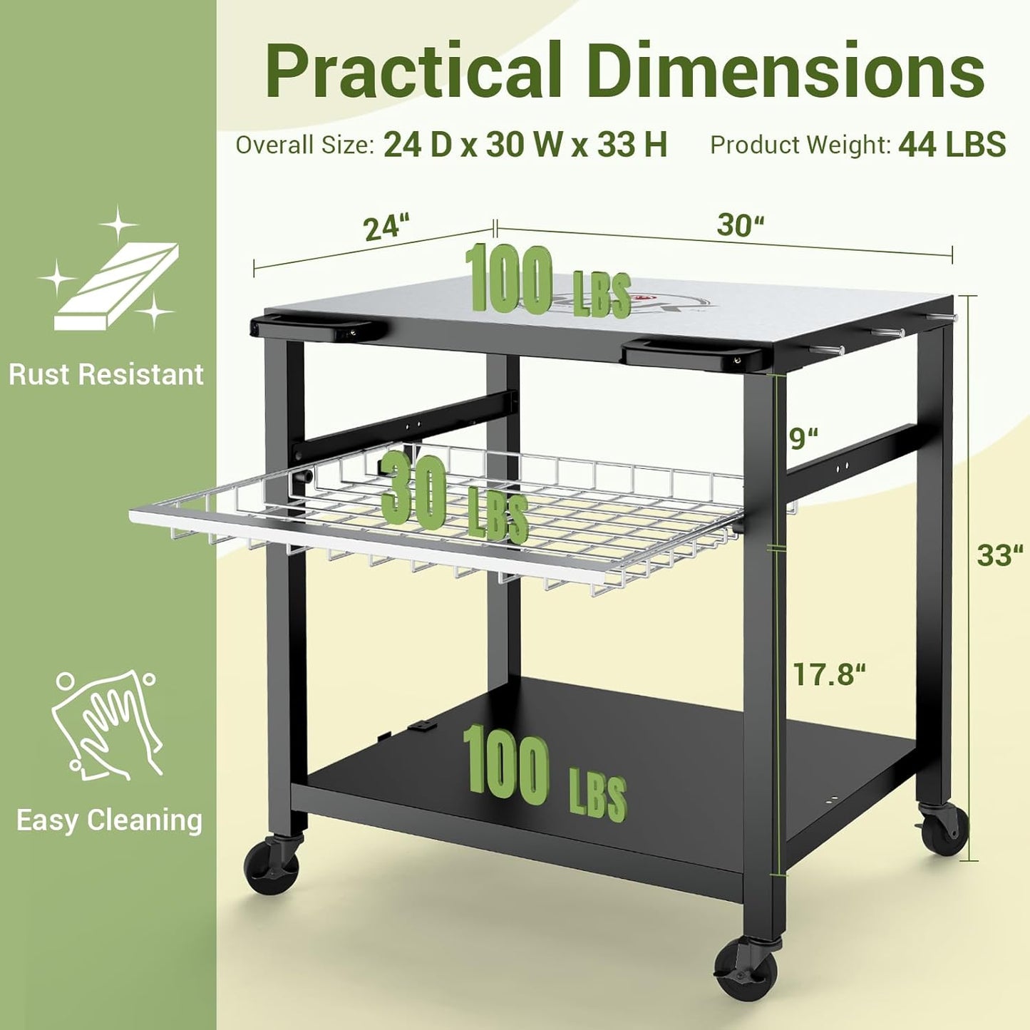 NUUK Outdoor Grill Cart 30"x 24" Pizza Oven Table 3-Shelf with Stainless Steel Top and Sliding Drawer BBQ Grilling Carts Outside Serving Prep Tables Stand