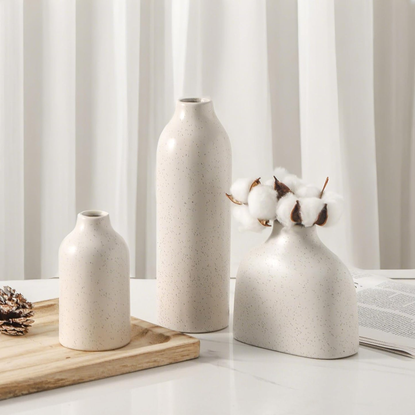 Ceramic Vase Set of 3, White Flower Vase Home Decor,Modern Farmhouse Decor,Pampas Grass Dried Fresh Flowers Living Room,Bookshelf Decoration, Centerpiece Table Decor,Boho Decor.(White)