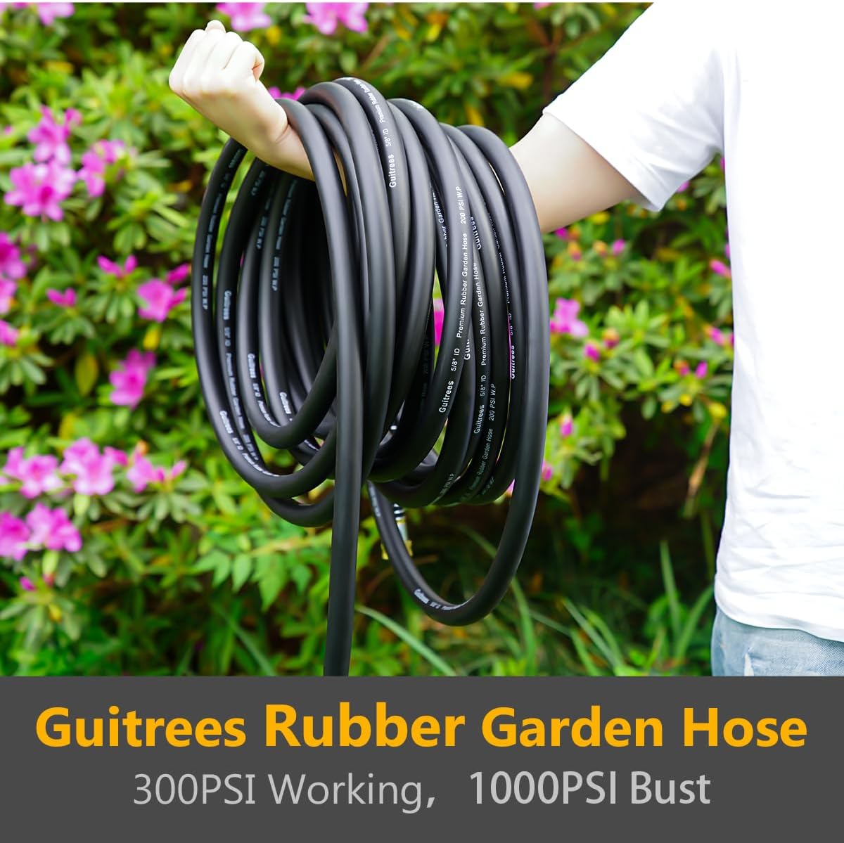 150FT 5/8 Heavy Duty Rubber Garden Hose - 200psi Working, 1000psi Burst - Hot/Cold Water - Five-Layered Braiding for Durability - Versatile for Gardening, Agriculture, Construction(Black)