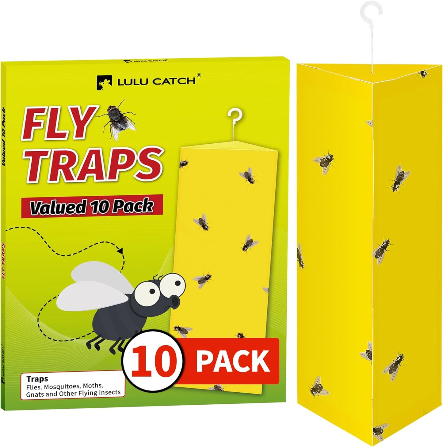 LULUCATCH Sticky Fly Traps, 10 Pack Fly Traps Indoor with Hanging Hook, Odorless Yellow Sticky Gnat Traps for Mosquitoes, Non-Toxic Bug Catchers for Fleas, Drain Flies, Moths, Insects
