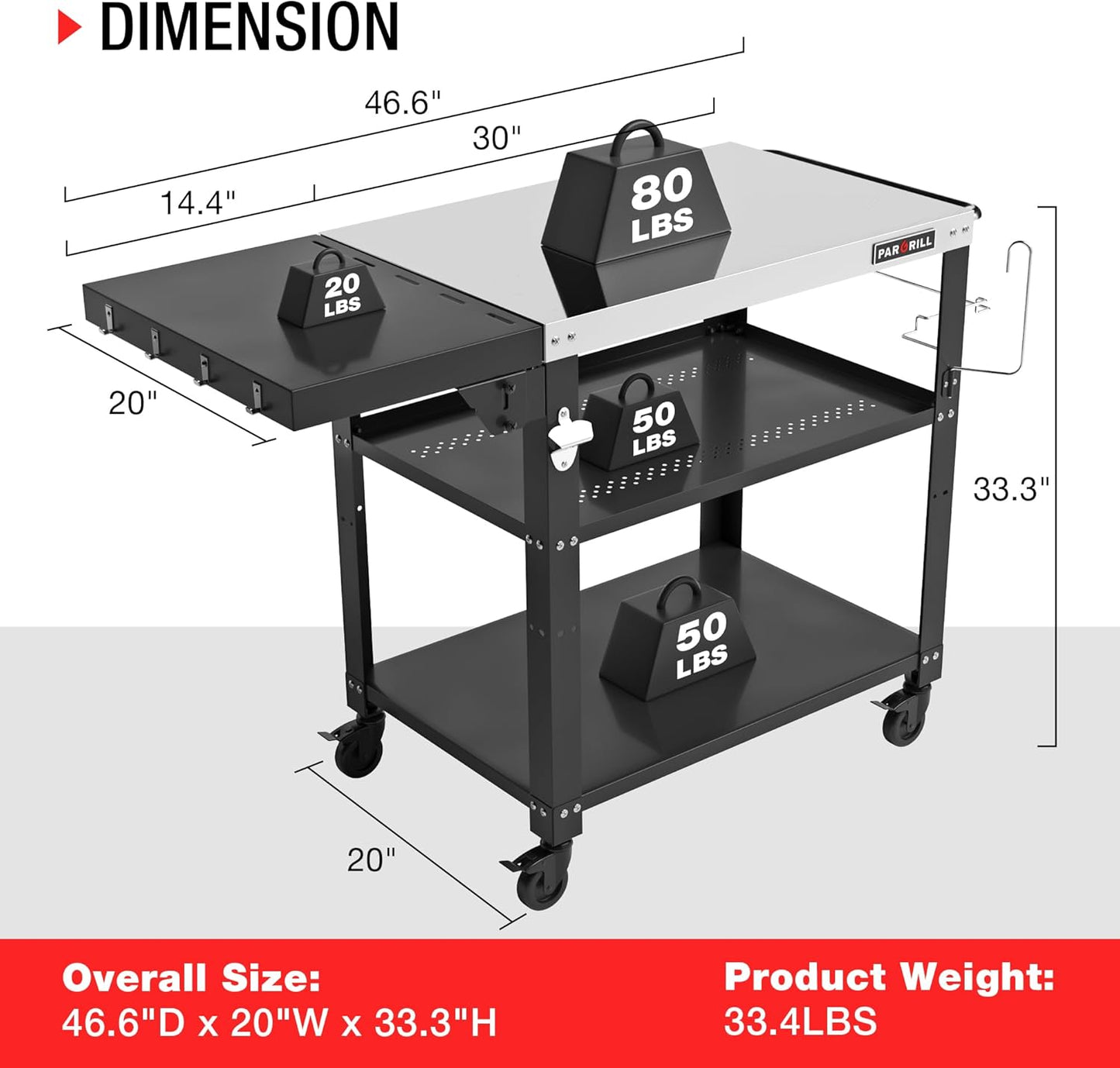 46.6" L x 20" W Three-Shelf Outdoor Grill Table, 4 Swivel Casters with Brake, Movable Outdoor Prep Table with Foldable Side Table, Stainless Steel Pizza Oven Table, BBQ Grilling Table