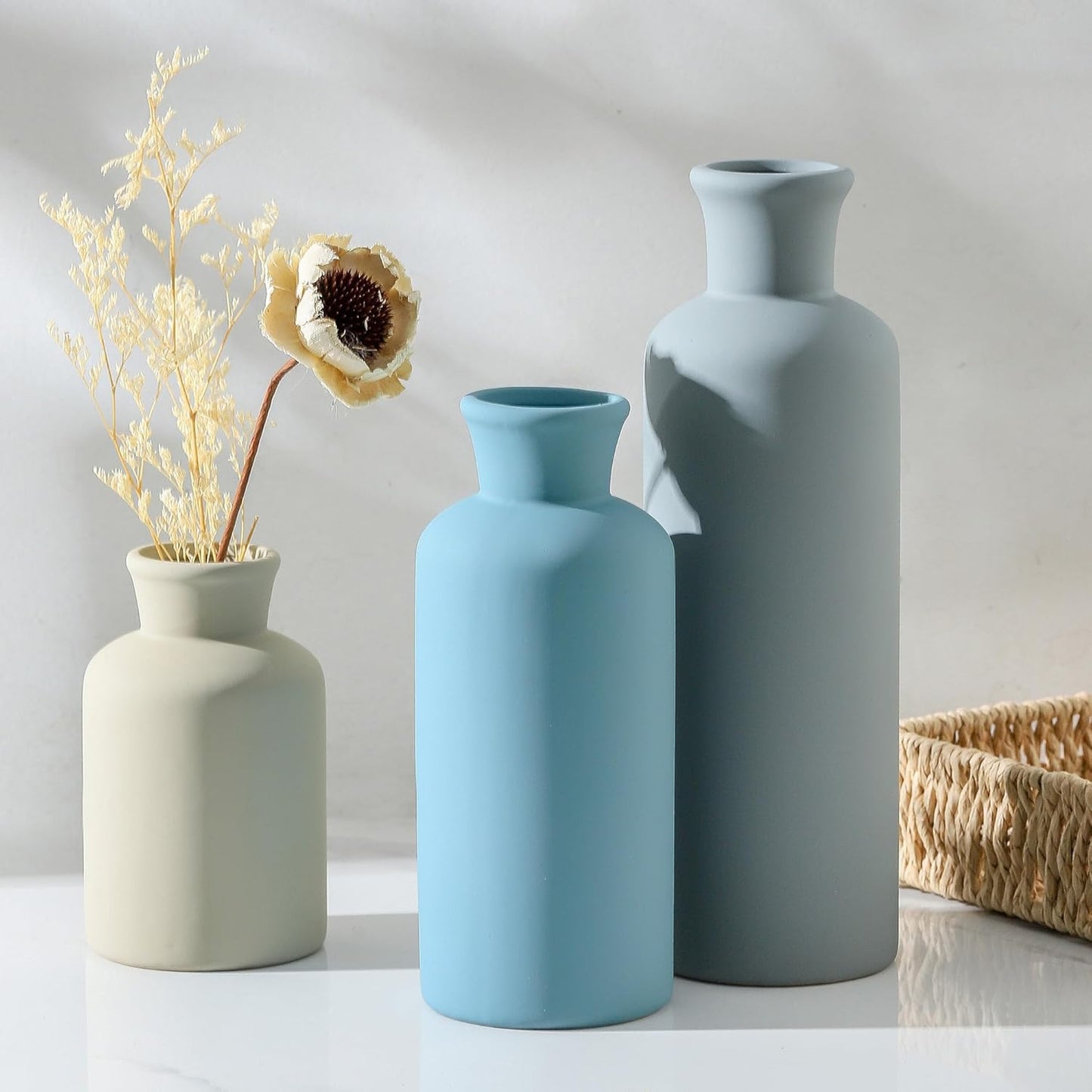 Ceramic Vase Set of 3, Neutral Modern Vases Home Decor Boho Vase Farmhouse Decor Flowers Pampas Vases for Table Mantel Entryway Shelf Living Room Kitchen Bathroom - Blue