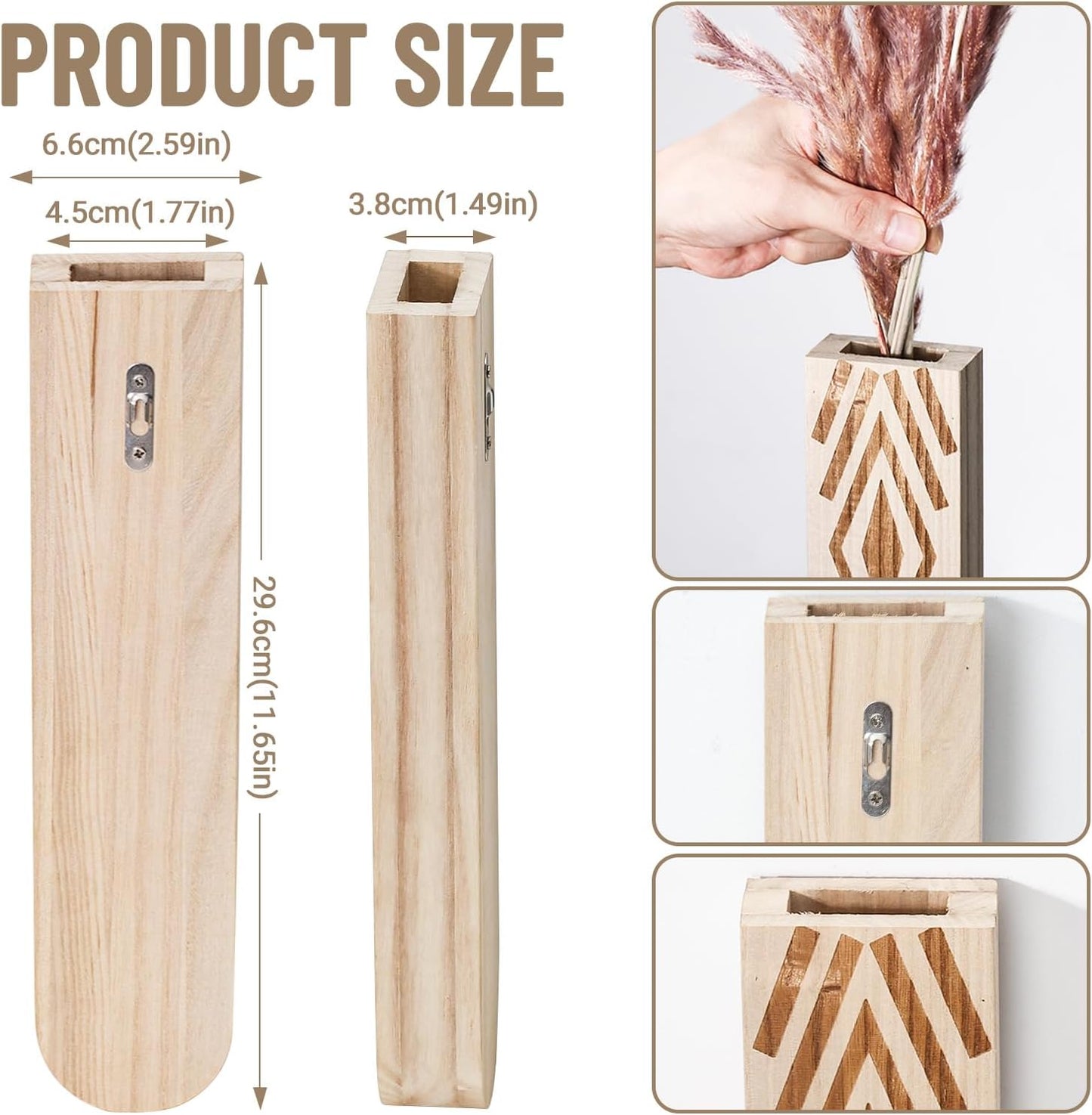 Wooden Wall Planter Set of 3 - Modern Bohemian Home Decor for Living Room, Bedroom, Bathroom - Beige Finish Planter for Dried Flowers, Faux Greenery, Indoor Plants