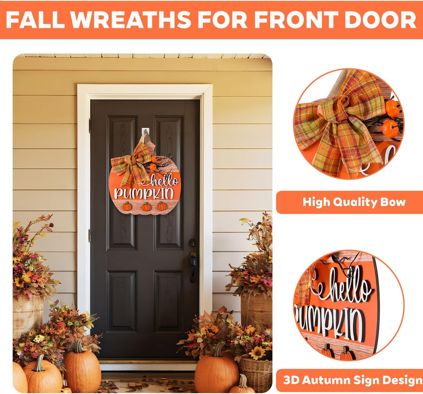 3D Hello Pumpkin Wooden Fall Wreath for Front Door | Fall Autumn Hanging Decor with Bow & Wreath | Farmhouse Harvest Thanksgiving Decor for Porch, Wall | Indoor Outdoor Home (Color-Pumpkin-D)