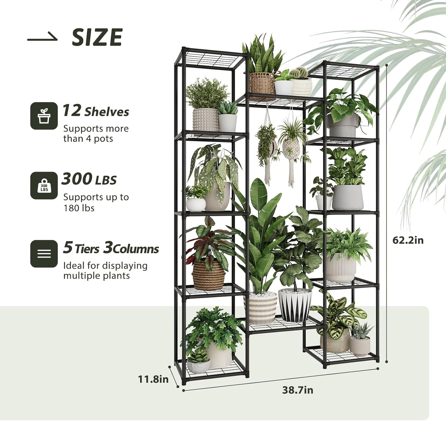 Metal Plant Stand Outdoor 62.2" Tall Plant Shelf for Plants 12 Pots Large Plant Sheves for Indoor Plants Living Room Heavy Duty Rack Garden Balcony Patio Hanging Planter