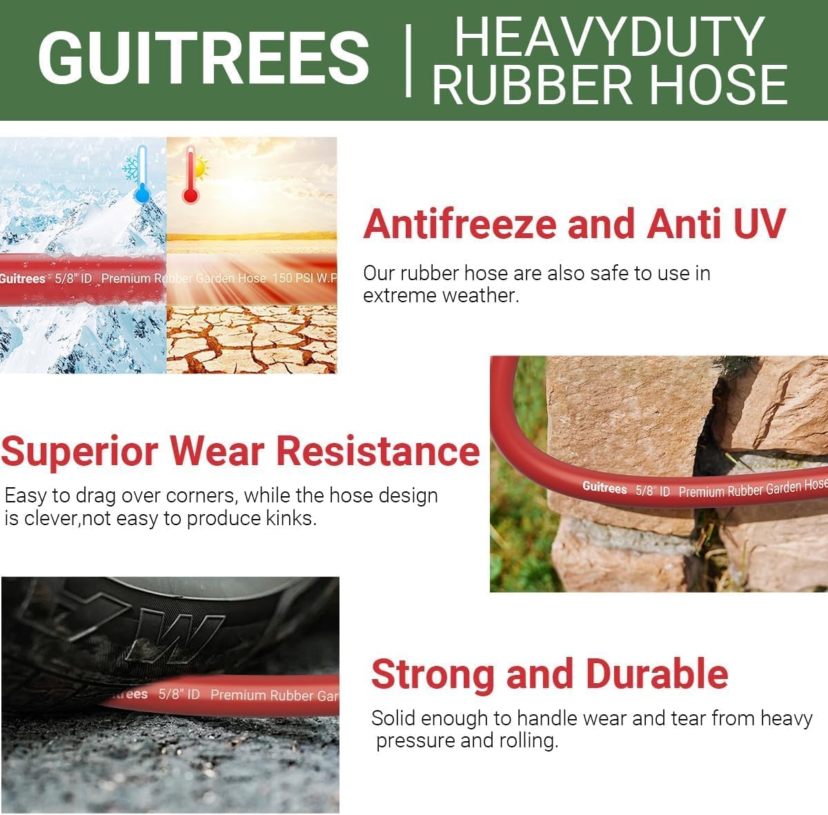 25FT 3/4 Heavy Duty Rubber Garden Hose - 200psi Working, 1000psi Burst - Hot/Cold Water - Five-Layered Braiding for Durability - Versatile for Gardening, Agriculture, Construction(Red)