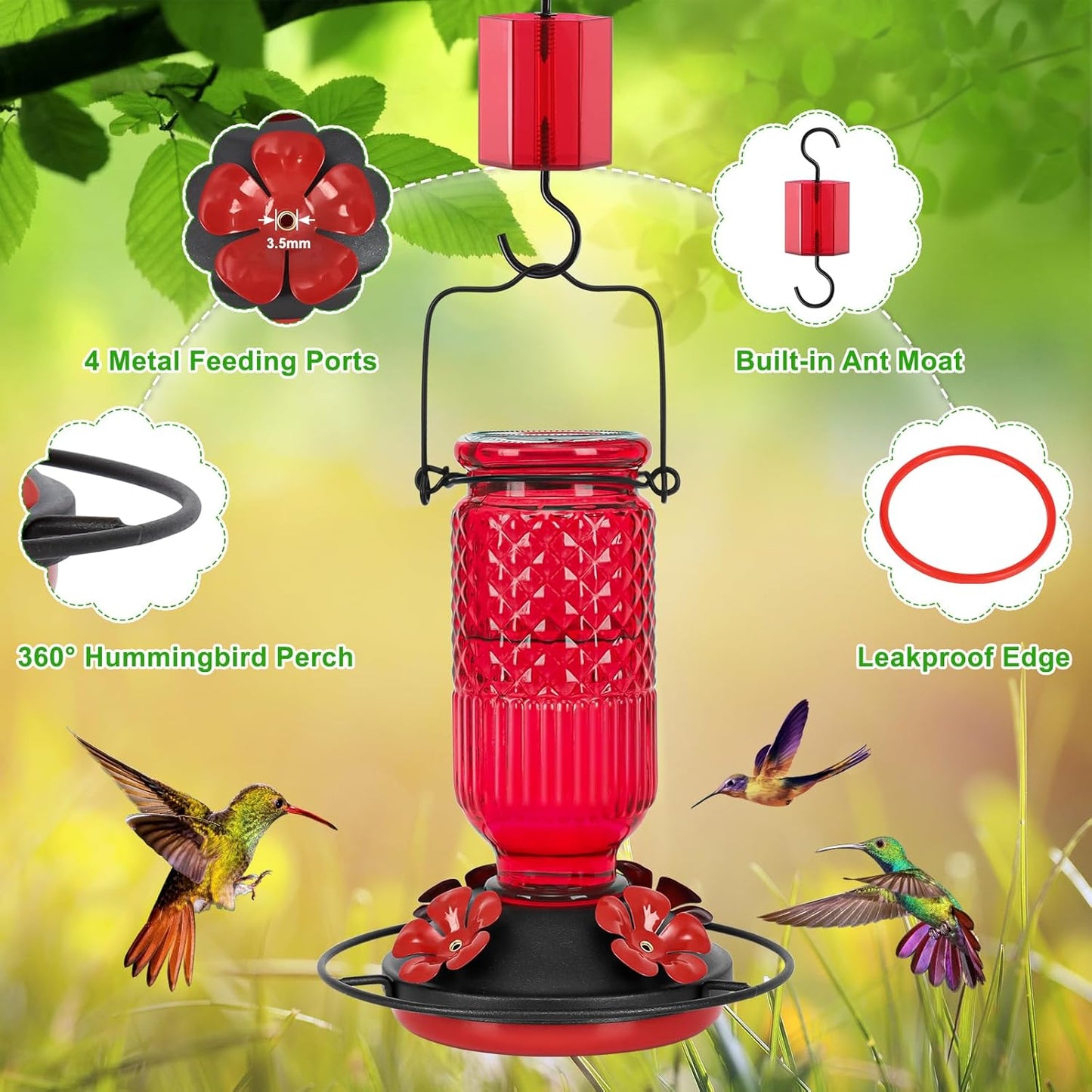FEED GARDEN Glass Hummingbird Feeder for Outdoors Hanging, 16 OZ Humming Birds Feeders with 4 Bee Guard Feeding Ports & Built-in Ant Moat, Bird Feeder for Outside, Gifts for Women Mom, Red