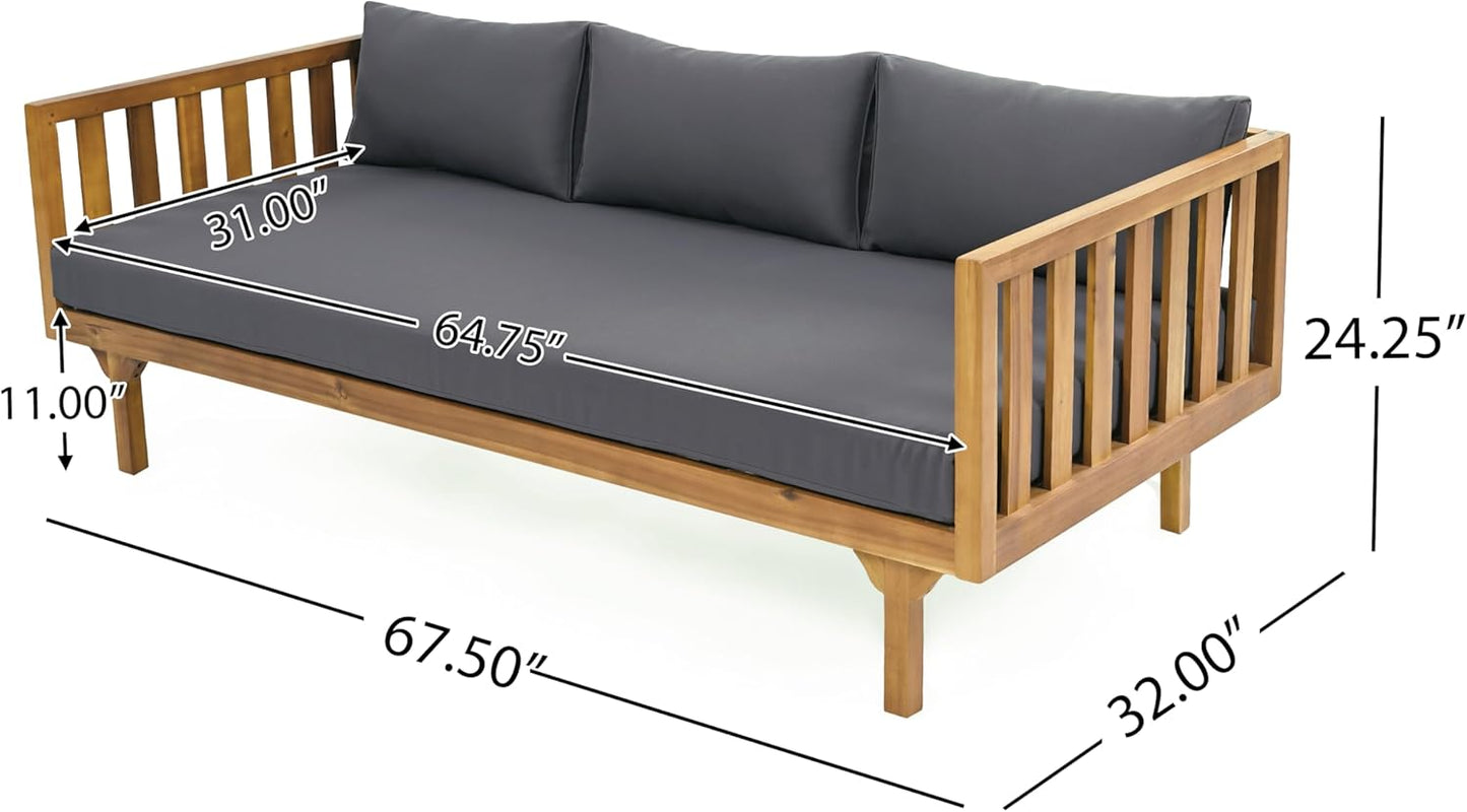 Christopher Knight Home Claremont Patio Sofa and Coffee Table Set, 2 Piece Outdoor Patio Furniture Set with Cushion, Acacia Wood 3 Seater Outdoor Sofa Daybed and Coffee Table Set, Teak+Dark Grey