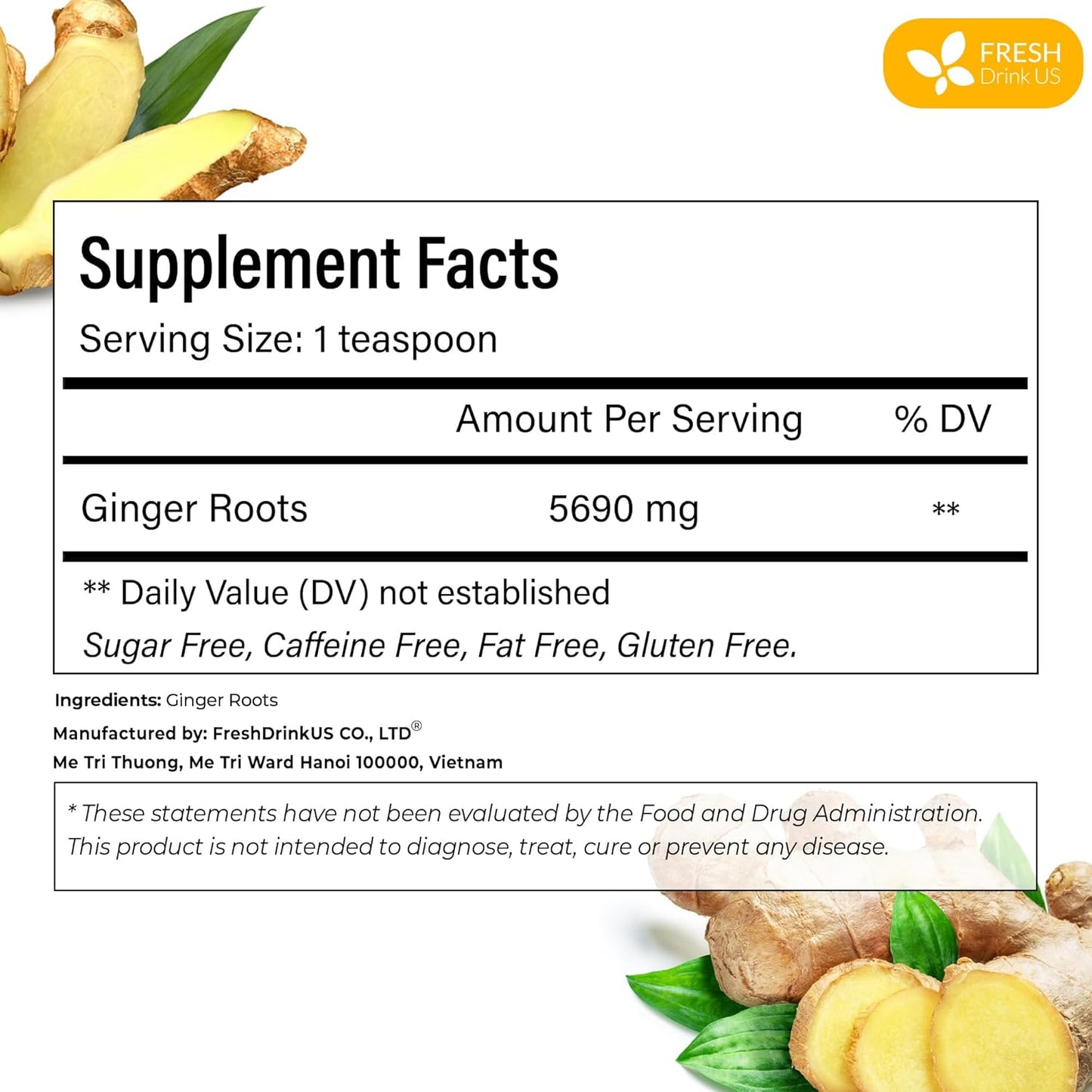 FreshDrinkUS, Premium 10oz Natural Ginger Roots, Cut and Sifted, 100% Natural & Pure from Ginger Roots, Ginger Tea, Ginger Loose Herbal Tea, No Additives, No Caffeine, Vegan