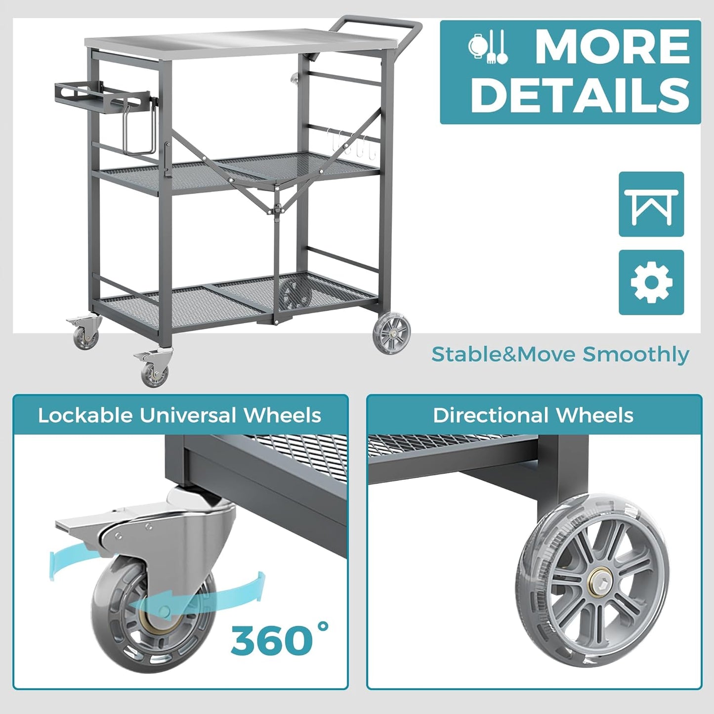 Ciokea Folding Outdoor Grill Cart with Wheels, 3-Shelf Grill Table with 27x18 in Stainless Steel Top, Rolling Pizza Oven Stand, Metal Portable Cart for BBQ Patio Camping (Grey)