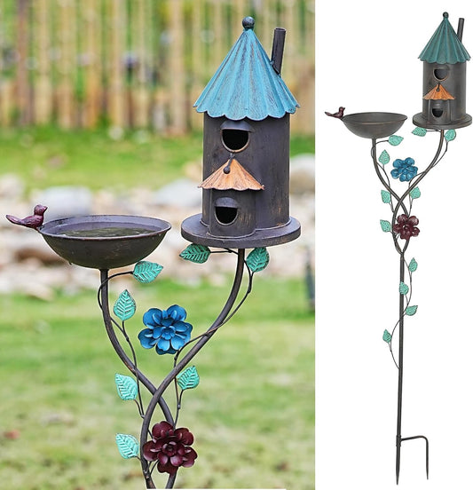 58” H Bird Baths for Outdoors, Metal Bird Bath and Bird House 2-in-1 Design, Birdbath and Bird Houses with Pole for Outside Garden Yard Decor