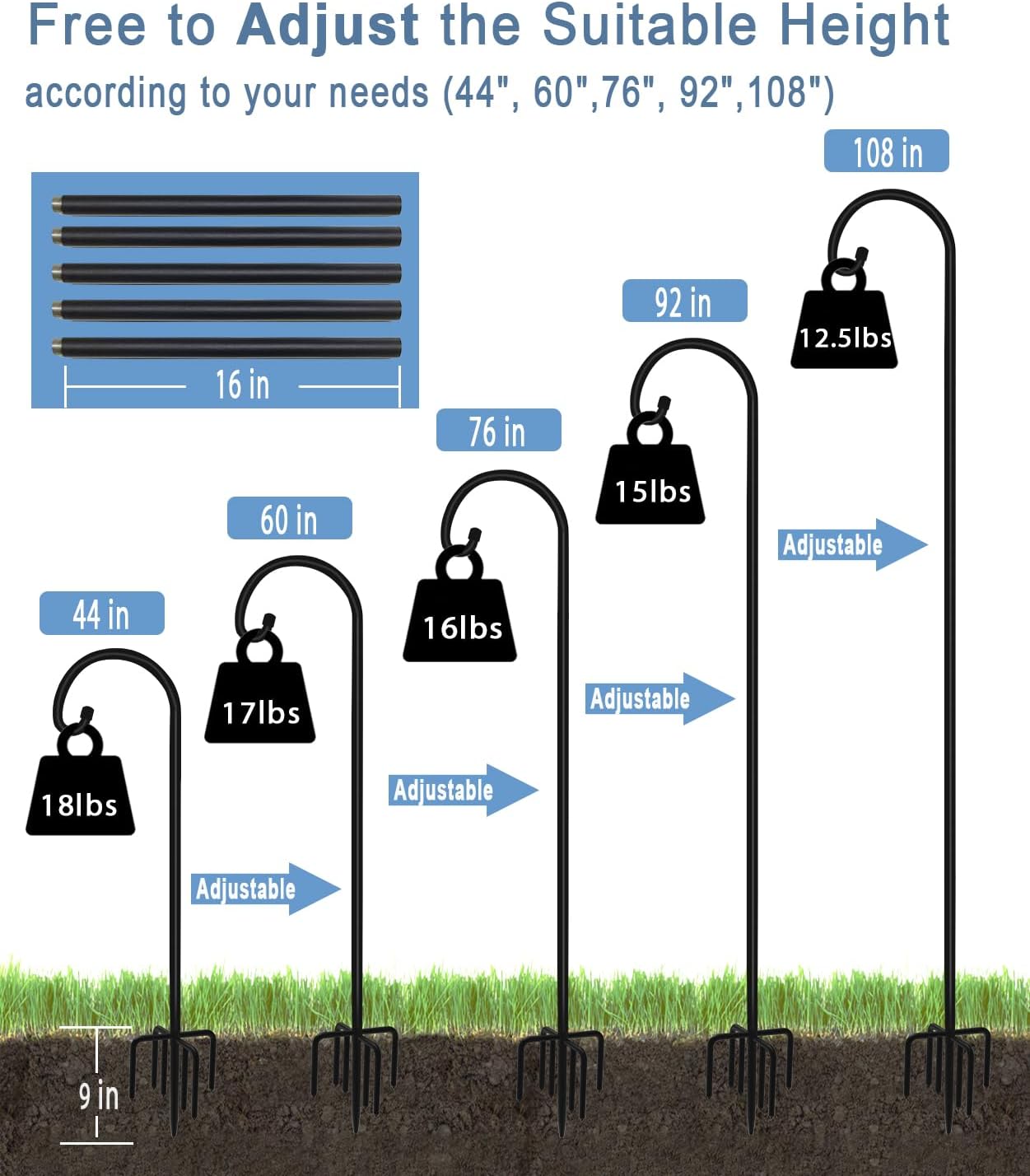 108 inch Outdoor Shepherd Hook with 7 Prong Base (1 Pack), Adjustable Heavy Duty Garden Hanging Stake for Bird Feeder Solar Light Plant Hanger Wedding Decor, Matte Black