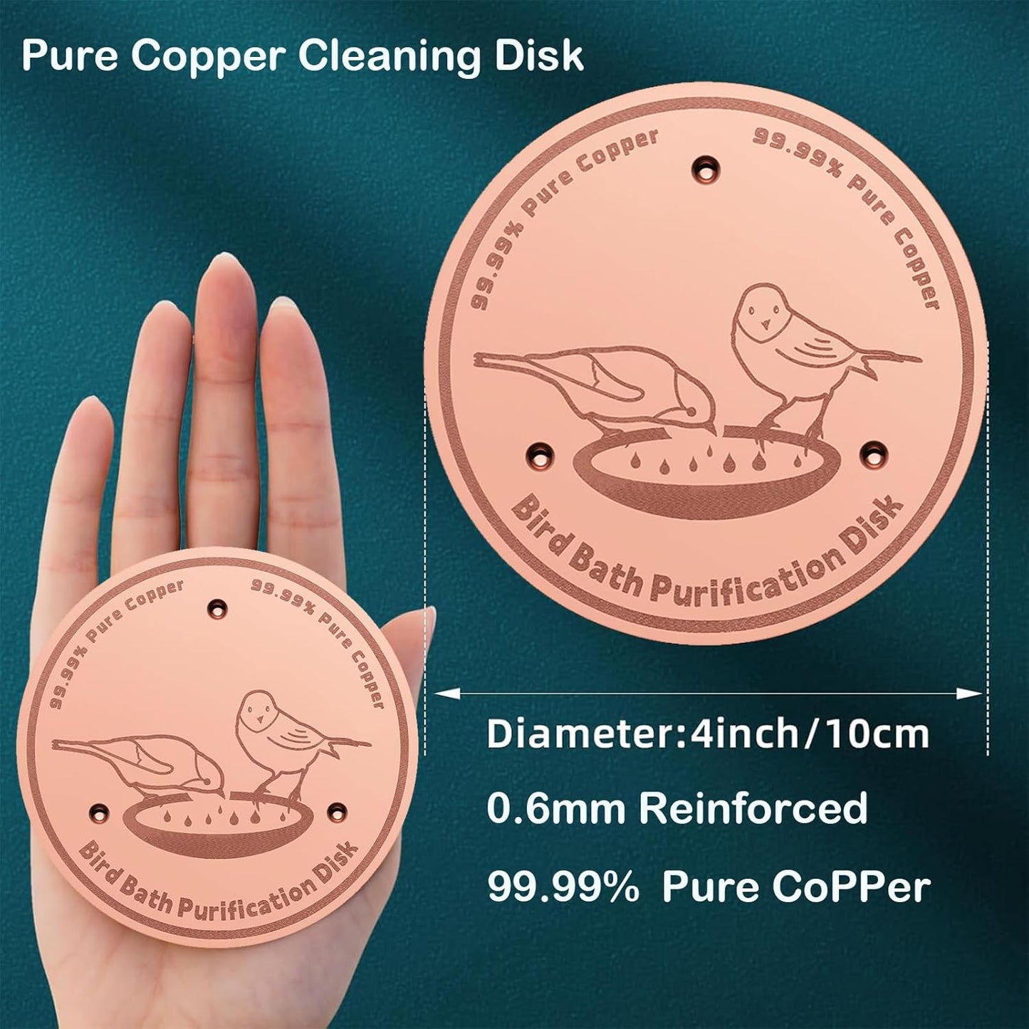1-Pack 99.99% Pure Copper Bird Bath Purification Disk,Copper Disc with Stable Triple-Point Support,Fits All Outdoor Bird Baths(Round)