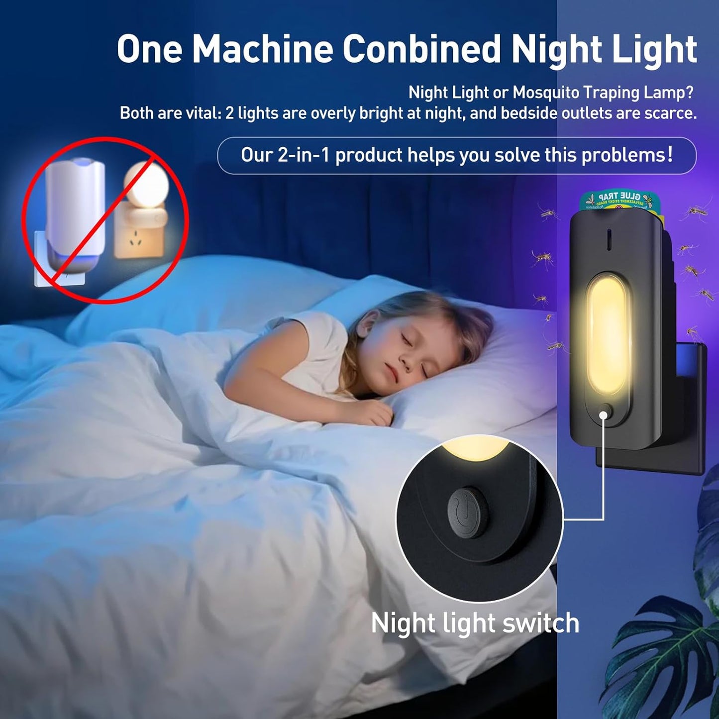 Fruit Fly Trap for Indoors with 10 Refills, 2 in 1 Fly Trap Indoor with Night Light for Home, Gnat Traps for House Indoor, Plug-in Insect Trap for Gnats, Flies, Moths, and Other Bugs-Black