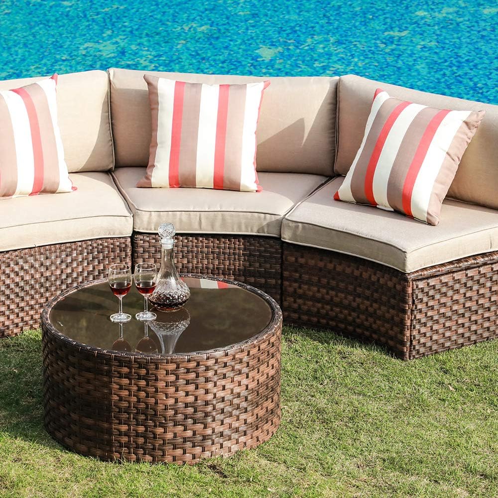 SUNSITT 5-Piece Half Moon Outdoor Sectional Sofa Set with Cover, Patio Brown PE Wicker Furniture with Beige Cushions & Tempered Glass Coffee Table