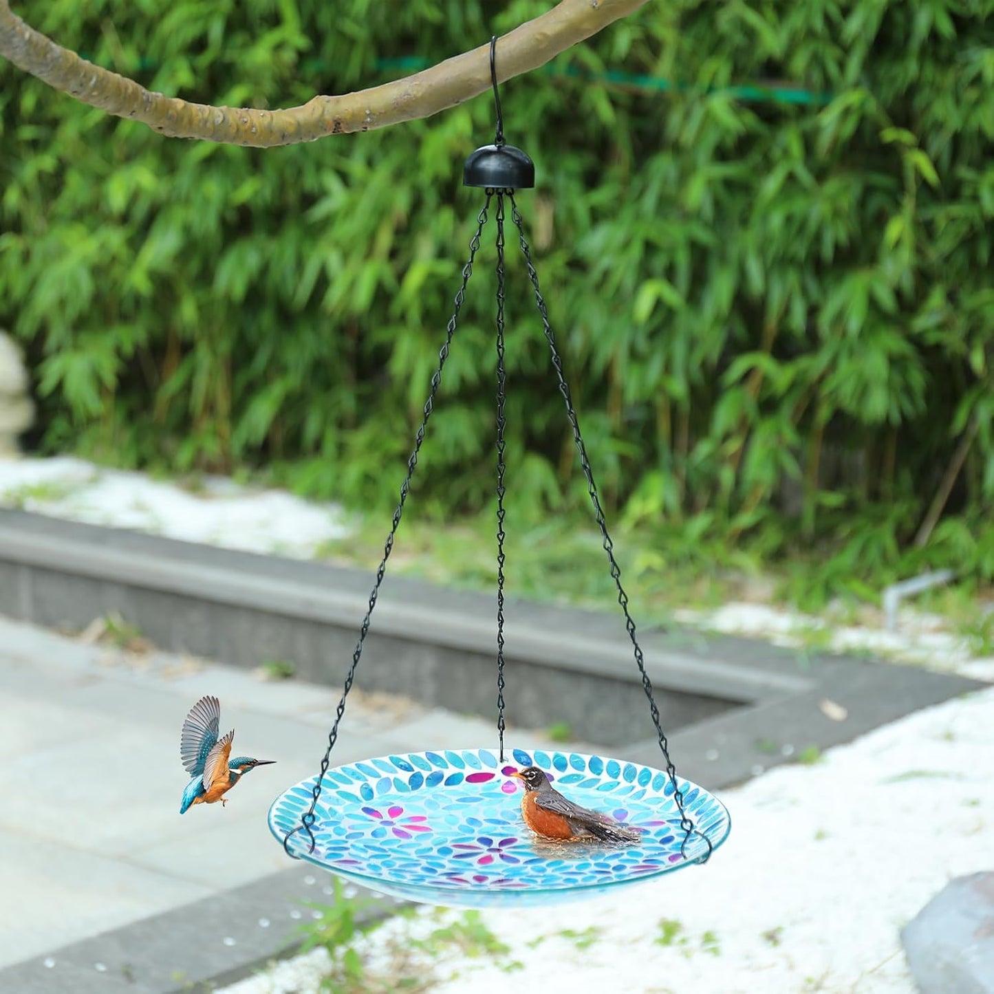 MUMTOP Mosaic Hanging Bird Bath-Bird Baths for Outdoors - 12 Inch Glass Bird Water Bowl Bird Feeders for Outside, Garden, Lawn Yard Decor（Blue）
