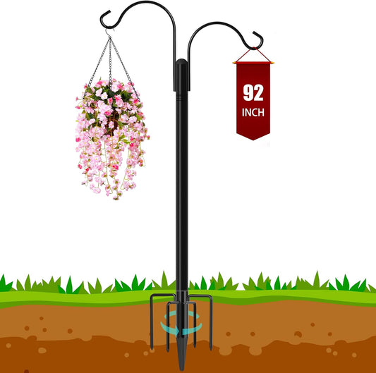 Ottsuls Double Shepherds Hooks for Outdoor, 92 Inch Bird Feeder Pole with 5 Prong Base, Upgrade 1 INCH Thick Heavy Duty Planter Hook for Hanging Baskets, Lantern,1 Pack