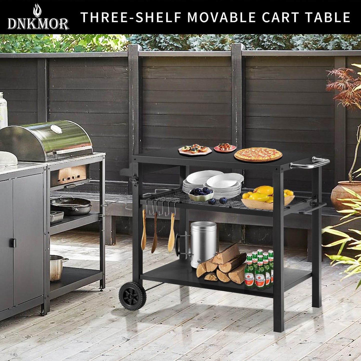 Dining Cart Table with Three Shelf, Movable Outdoor BBQ Grill Pizza Oven Stand with Three Hooks, Kitchen Cart Island Multifunctional Food Prep Table for Inside and Outside (Black)