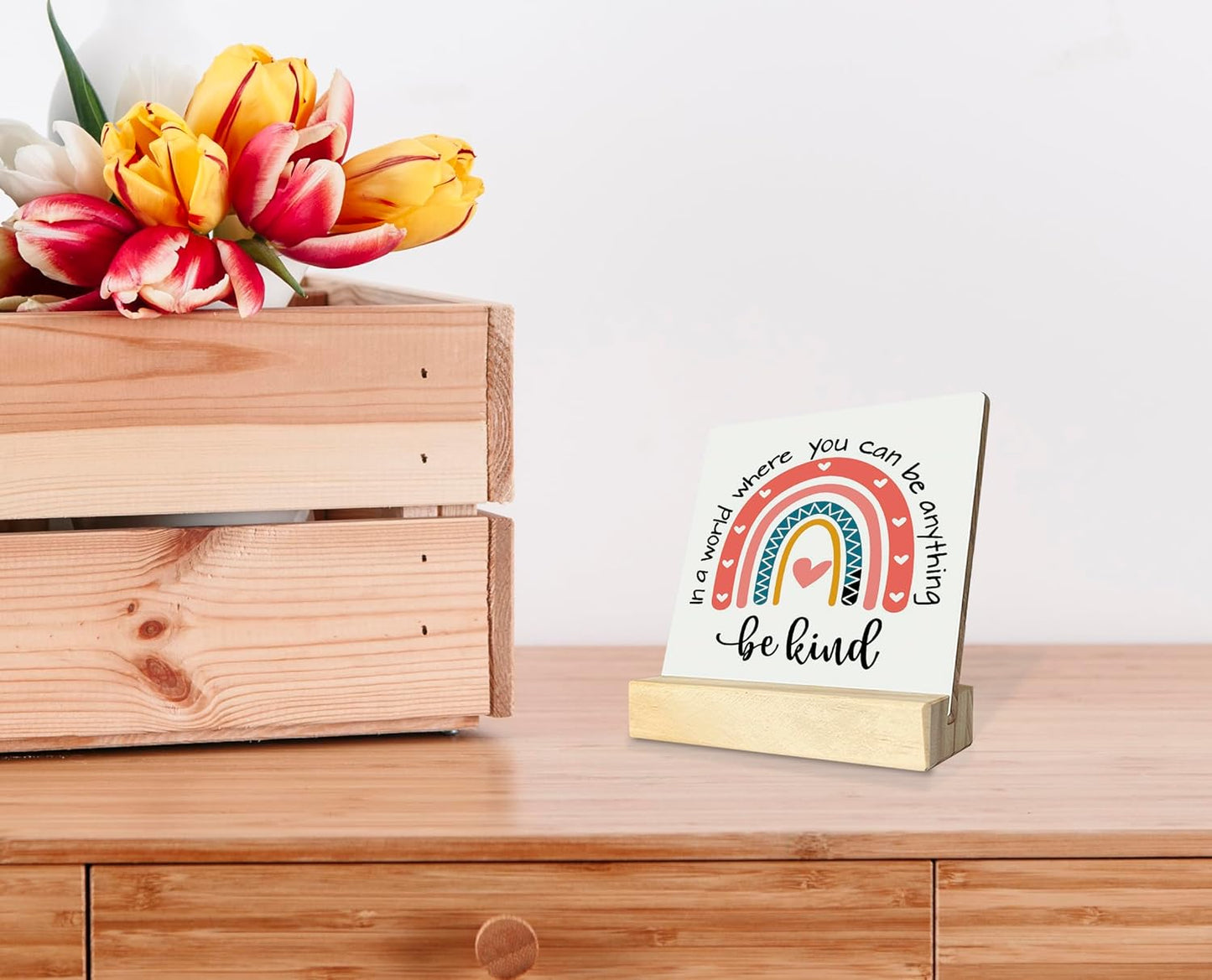 BQL Primitive Wooden Sign, 'In A World Where You Can Be Anything, Be Kind', Desk Plaque with Wooden Stand, 4 x 4.3 inches, Multicolored, Rustic, Tabletop Decor