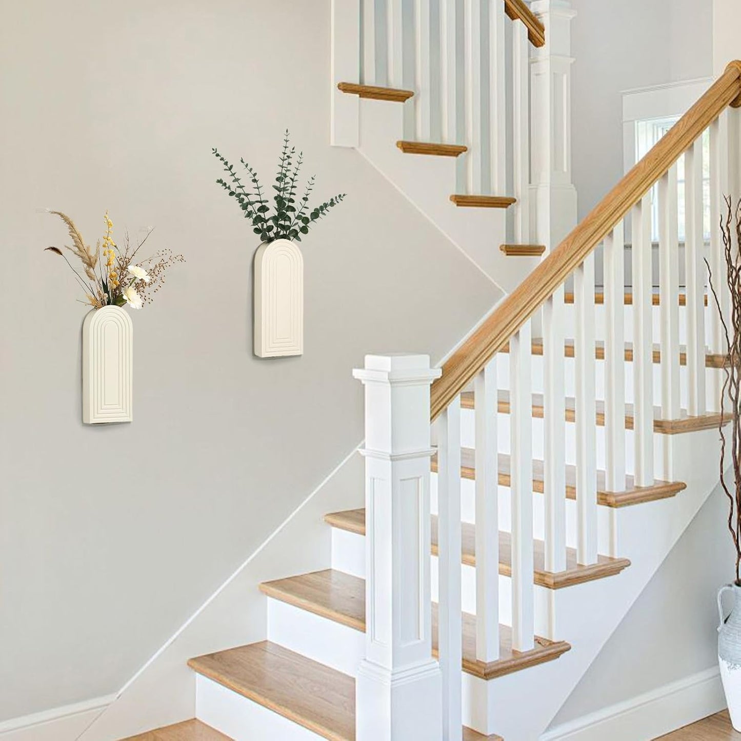 Wooden Wall Planter Vase Set of 2, Boho Hanging Planter for Indoor Plants & Flowers, Natural Wood Wall-Mounted Planters for Art Home Decor - Living Room, Bedroom, Bathroom, Patio (Milky White)