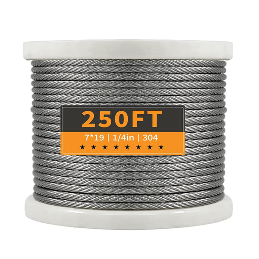 1/4" Stainless Steel Cable, 250FT Wire Rope, 7X19 Strands Aircraft Cable, 6400lbs Breaking Strength, for Zipline, Outdoor, Deck Railing, Heavy Duty Applications, Hanging