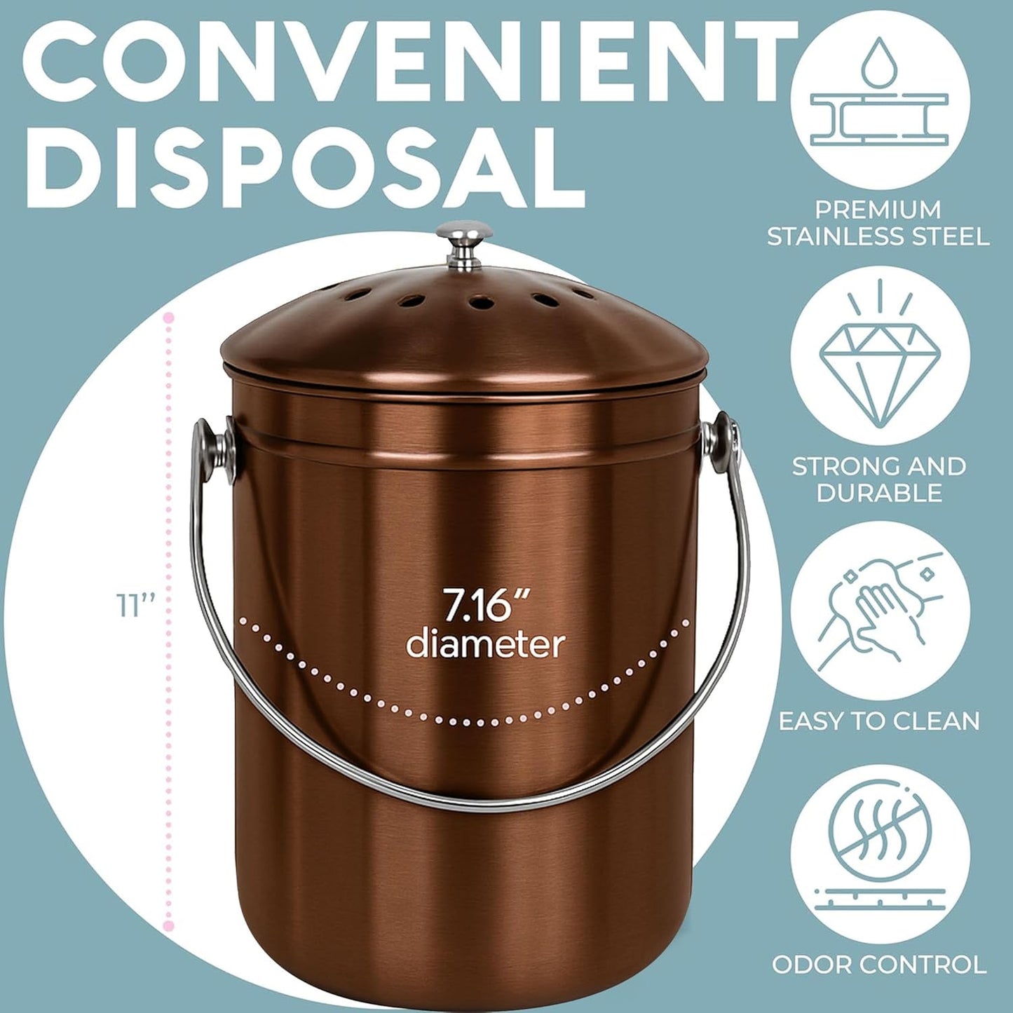 EPICA Countertop Compost Bin Kitchen | 1.3 Gallon | Odorless Composting Bin with Carbon Filters | Indoor Compost Bin with Lid | Stainless Steel Kitchen Composter for Food Scraps & Waste Recycling