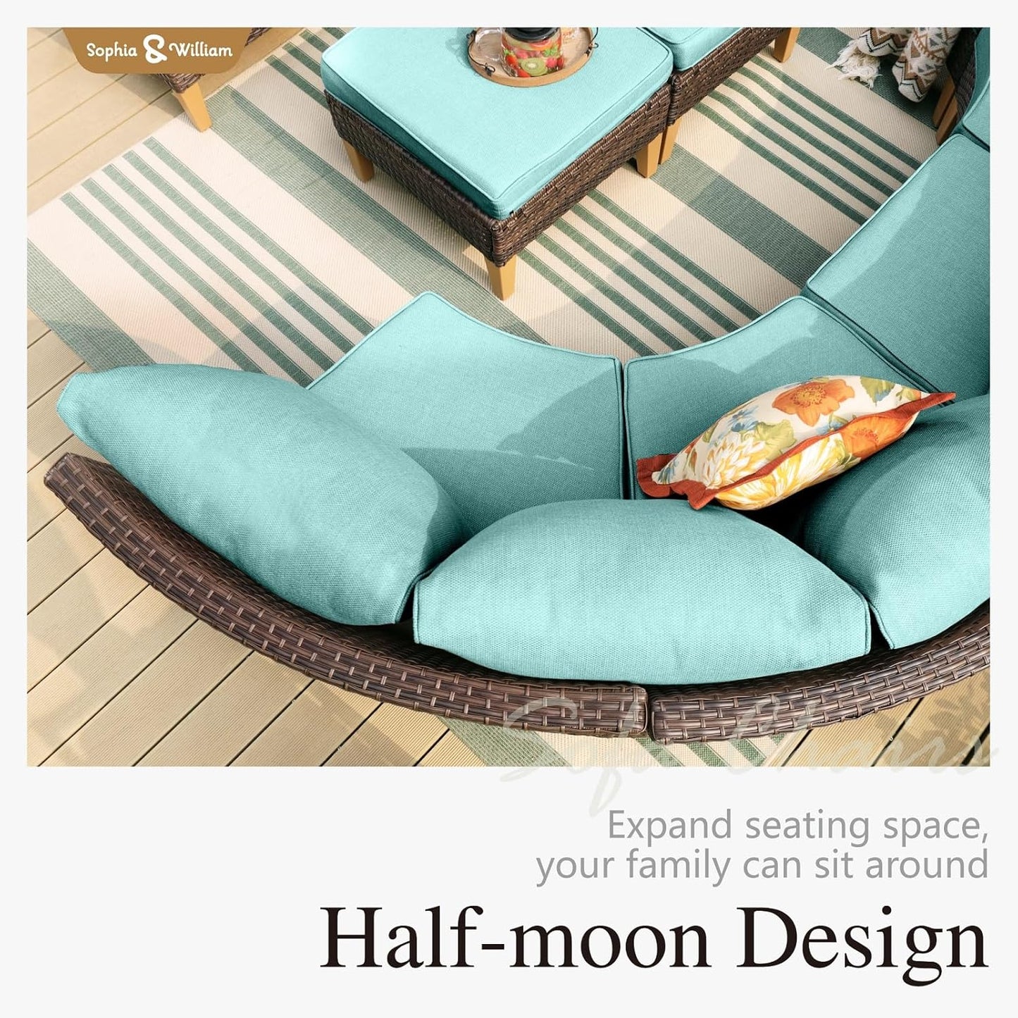 Sophia & William Outdoor Wicker Sectional Sofa Set, 9 Piece Half Moon Curved Patio Furniture Modern Round Outdoor Couch Conversation Set with Ottoman for Backyard, Pool, Garden(Aqua Blue)