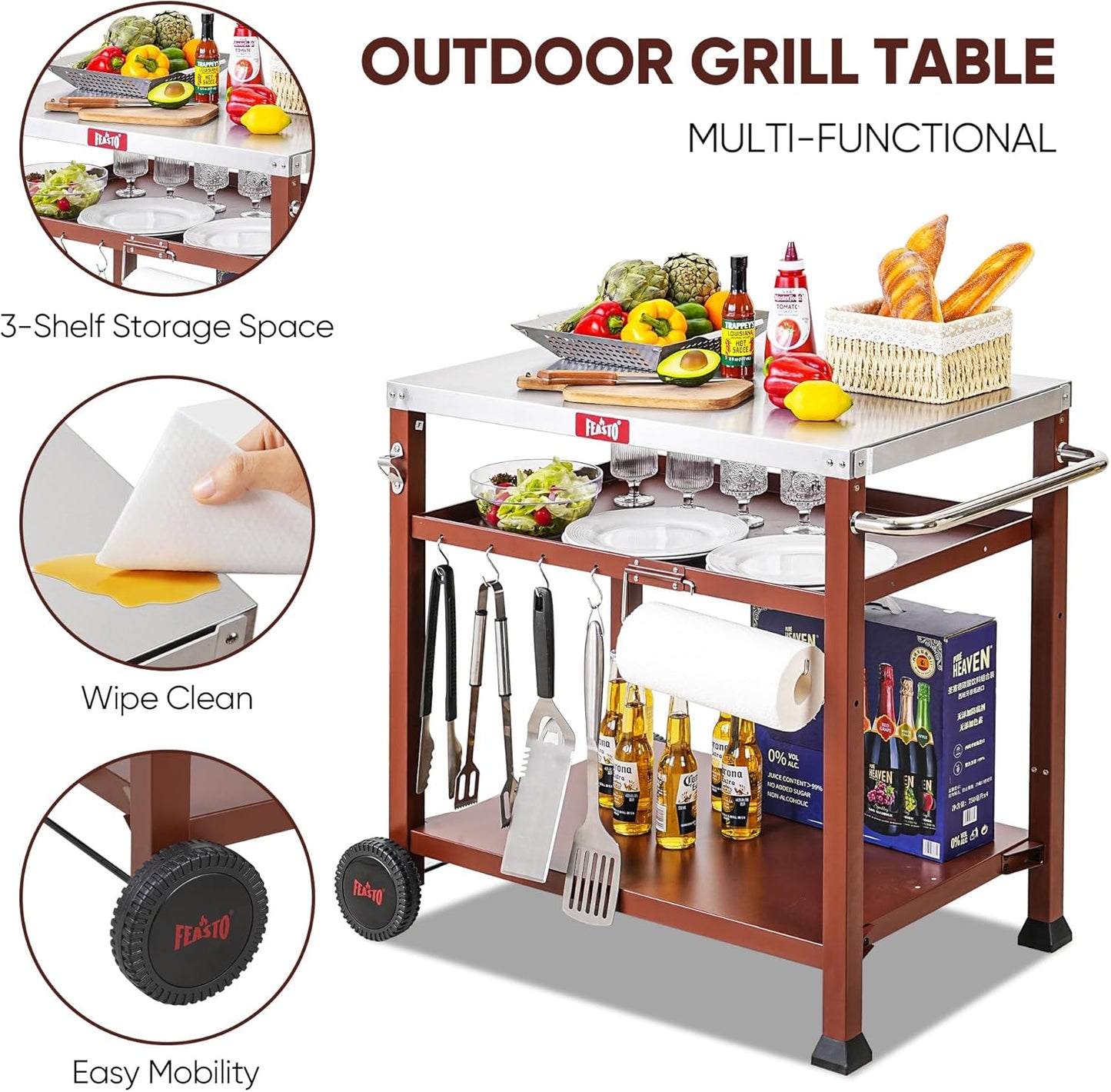 3-Shelf Outdoor Grill Table, Pizza Oven Table for Outside, Movable Grill Cart with Wheels, Indoor & Outdoor Cooking Station, Pizza Oven Stand for Ooni Blackstone Griddle 33.5”x 21.7”