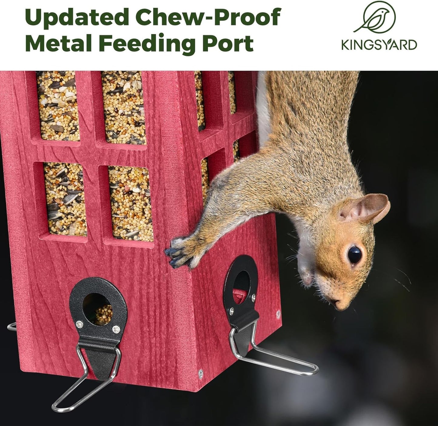 Kingsyard Upgraded Rainproof Bird Feeder for Outdoor Hanging - Metal Feeding Port, Recycled Plastic Wild Bird Feeder with Metal Mesh Tray for Goldfinch Small Bird, Garden Yard Decoration, Red