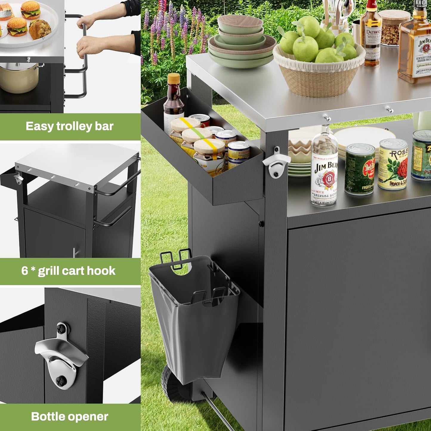 Outdoor Grill Cart with Patio Furniture, Outdoor Grill Table with Storage,Rolling Bar Cart Outdoor BBQ Cart with Hooks and Spice Rack for Grilling Accessories(Single Door, Black)