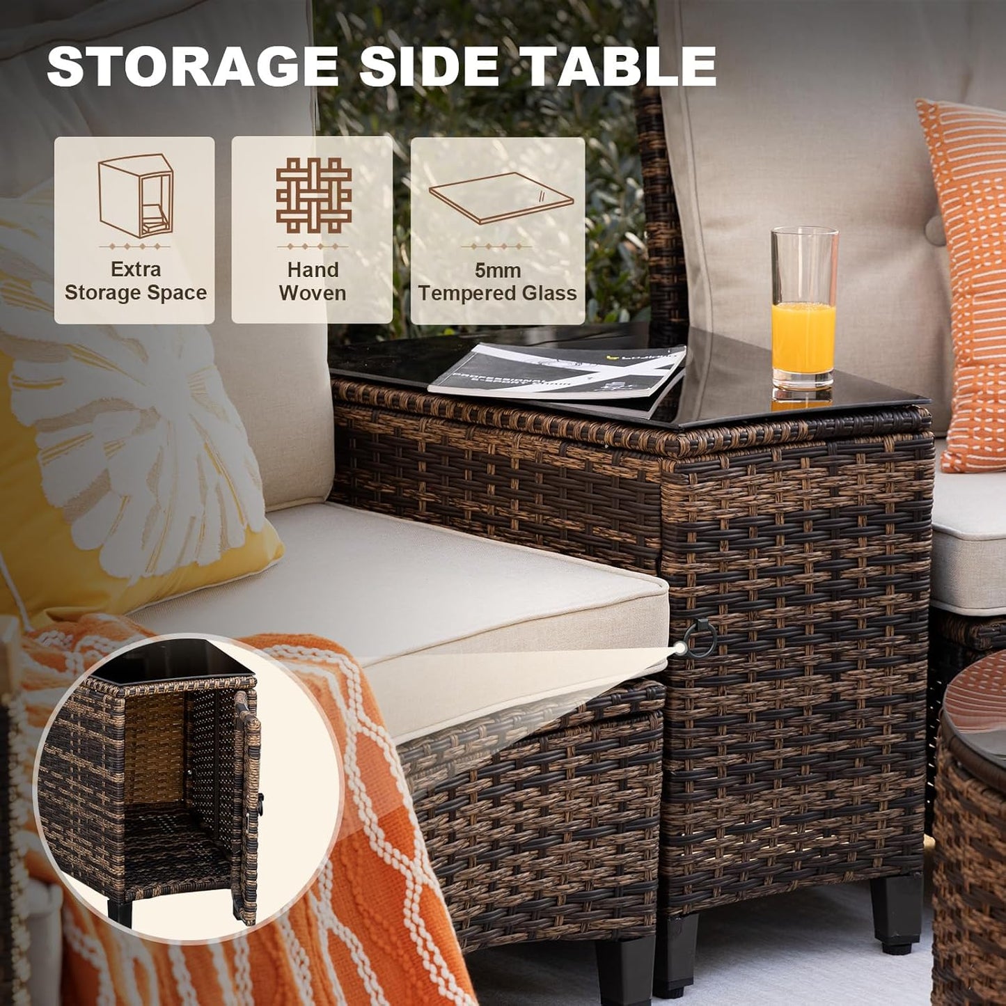 8 Piece Outdoor Patio Furniture Set, Half-Moon Curved Sectional Set with Wood Armrests, Patio Conversation Set, 2 Half-Moon Ottomans，Coffee & Side Tables (Brown)