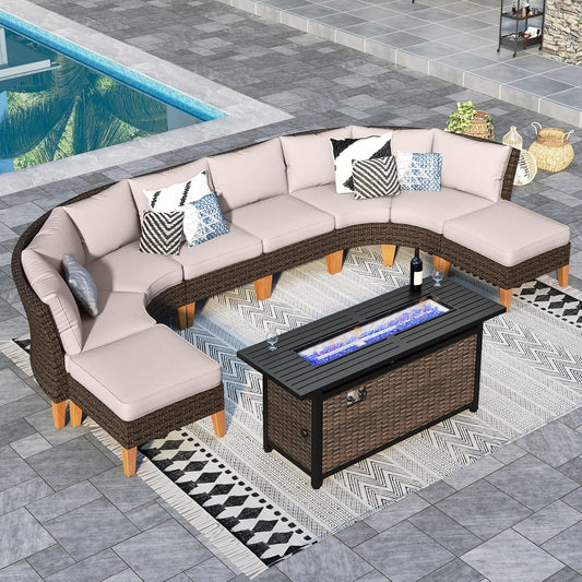 Sophia & William Patio Furniture Set with Fire Pit Table, 9 Piece Half Moon Outdoor Wicker Sectional Sofa Set, Rattan Conversation Set with 56-Inch Fire Pit Table for Backyard, Deck, Pool(Beige)