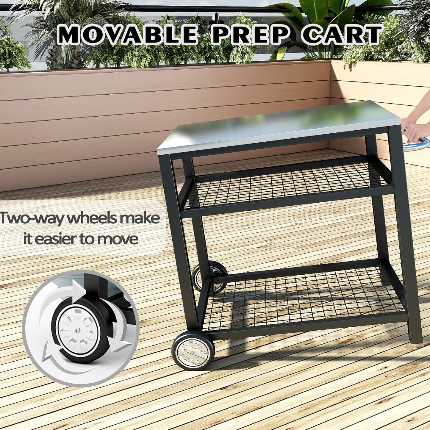 Movable Food Prep and Work Table Stainless Steel Grill Cart Modular Table with Wheels and Handle Double-Shelf Commercial Kitchen Tables Heavy Duty Pizza Oven Stand Outdoor