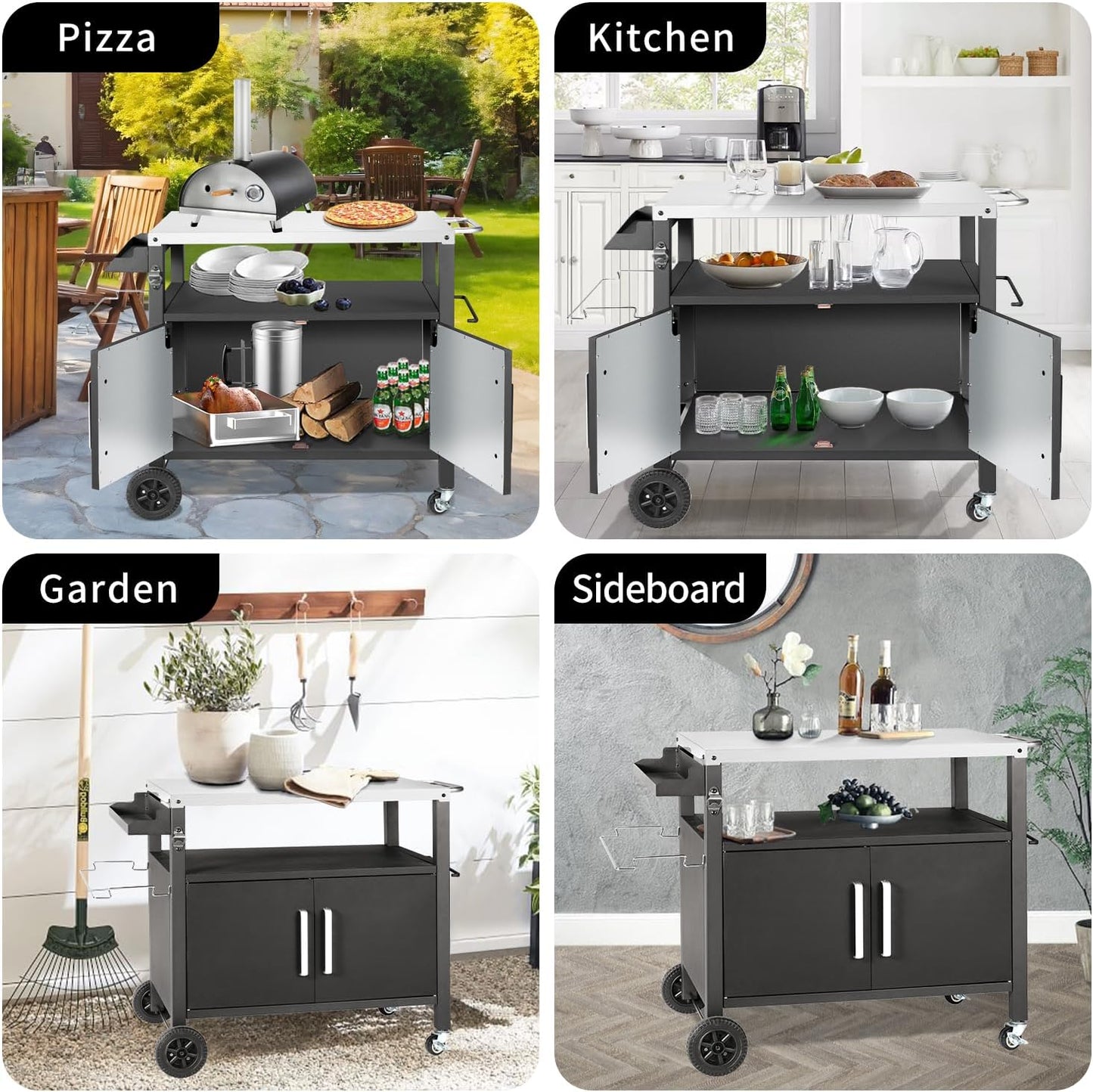 Dining Cart Table with Big Storage Cabinet, Movable Outdoor BBQ Grill Table Pizza Oven Stand, Kitchen Cart Island Multifunctional Food Prep for Inside and Outside