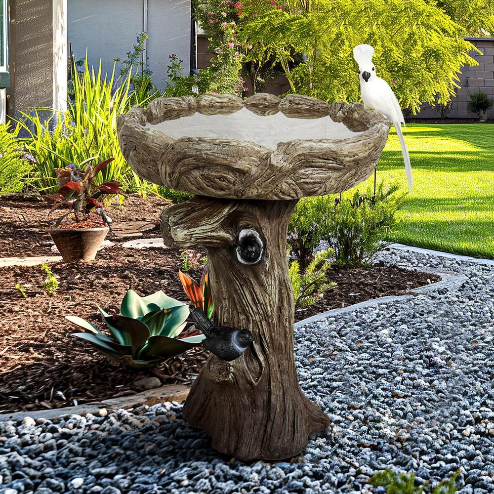 Birdbath for Outdoor Garden with a Fake Bird Decor - 23" H * 17.7" Φ Freestanding Trunk Like Bird Bath for Outside Patio or Yard Decor