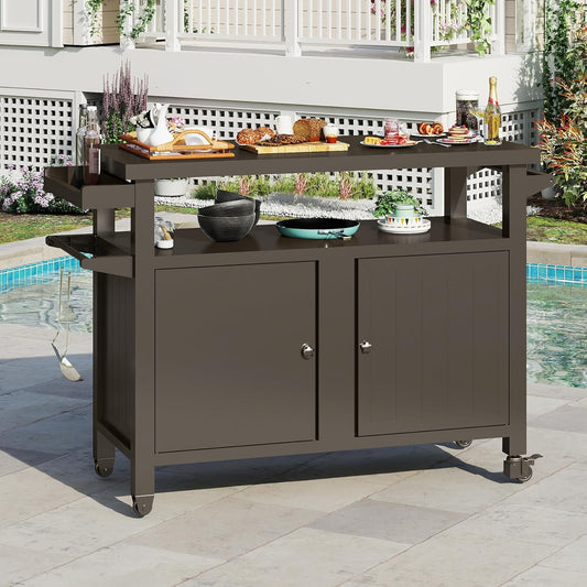 Grill Cart Outdoor with Storage Cabinet, Portable Rolling Patio Bar Cart with Wheels, BBQ Prep Table, Movable Stainless Steel Kitchen Island Dining Cart for Food/Drink/Cooking-Brown