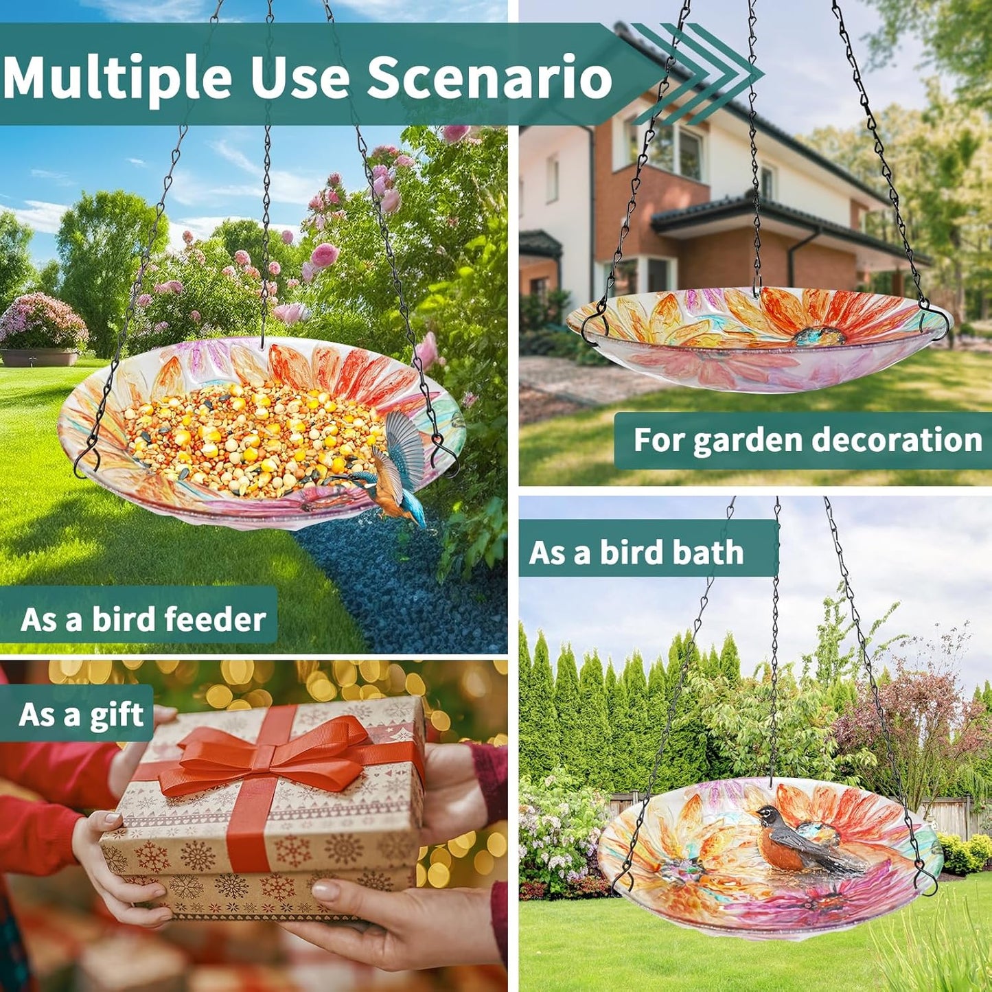 VCUTEKA Hanging Bird Bath, Glass Bird Baths for Outdoors Birdfeeder with 21 inch Rust-Proof Chain for Garden Yard Decor, Flower