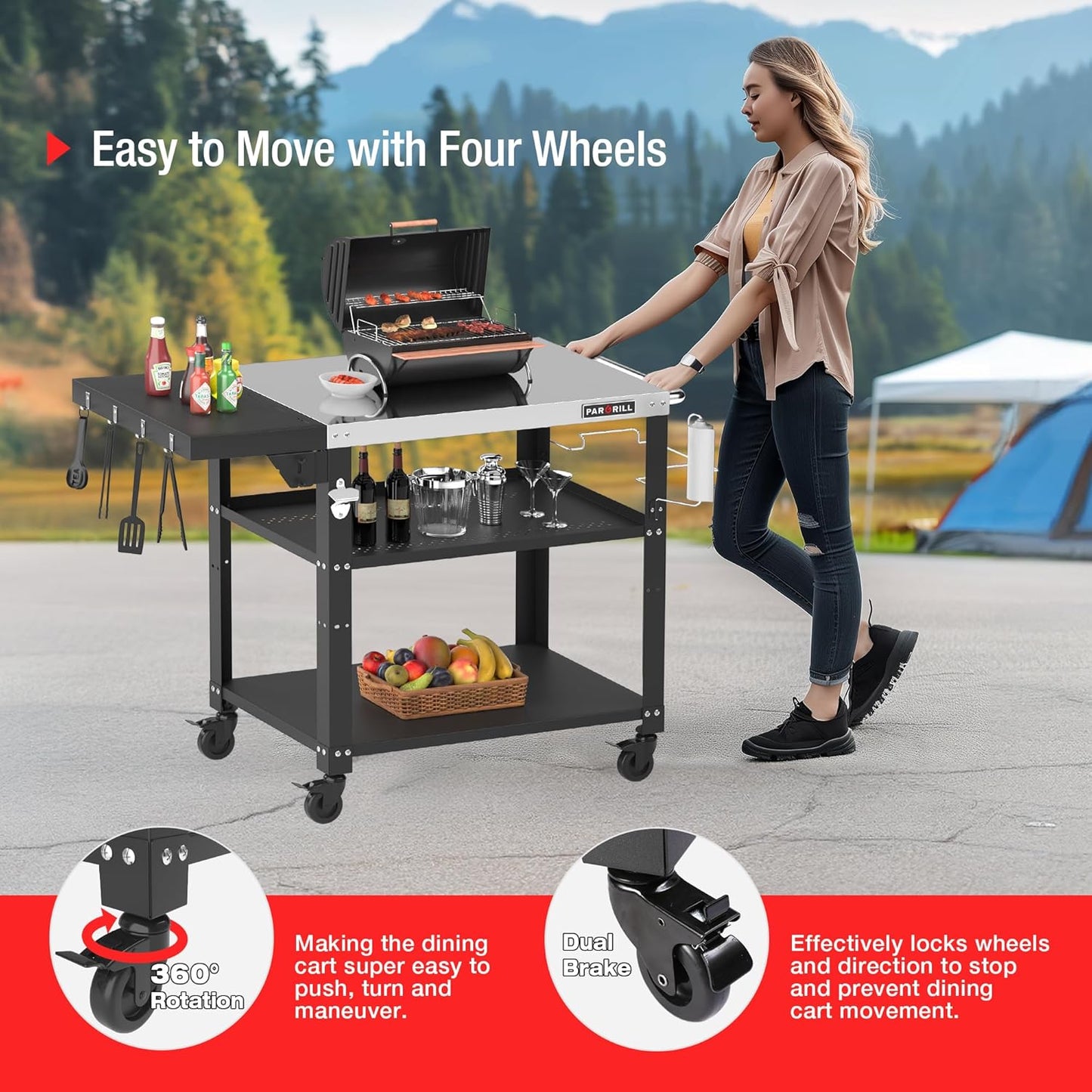 46.6" L x 20" W Three-Shelf Outdoor Grill Table, 4 Swivel Casters with Brake, Movable Outdoor Prep Table with Foldable Side Table, Stainless Steel Pizza Oven Table, BBQ Grilling Table