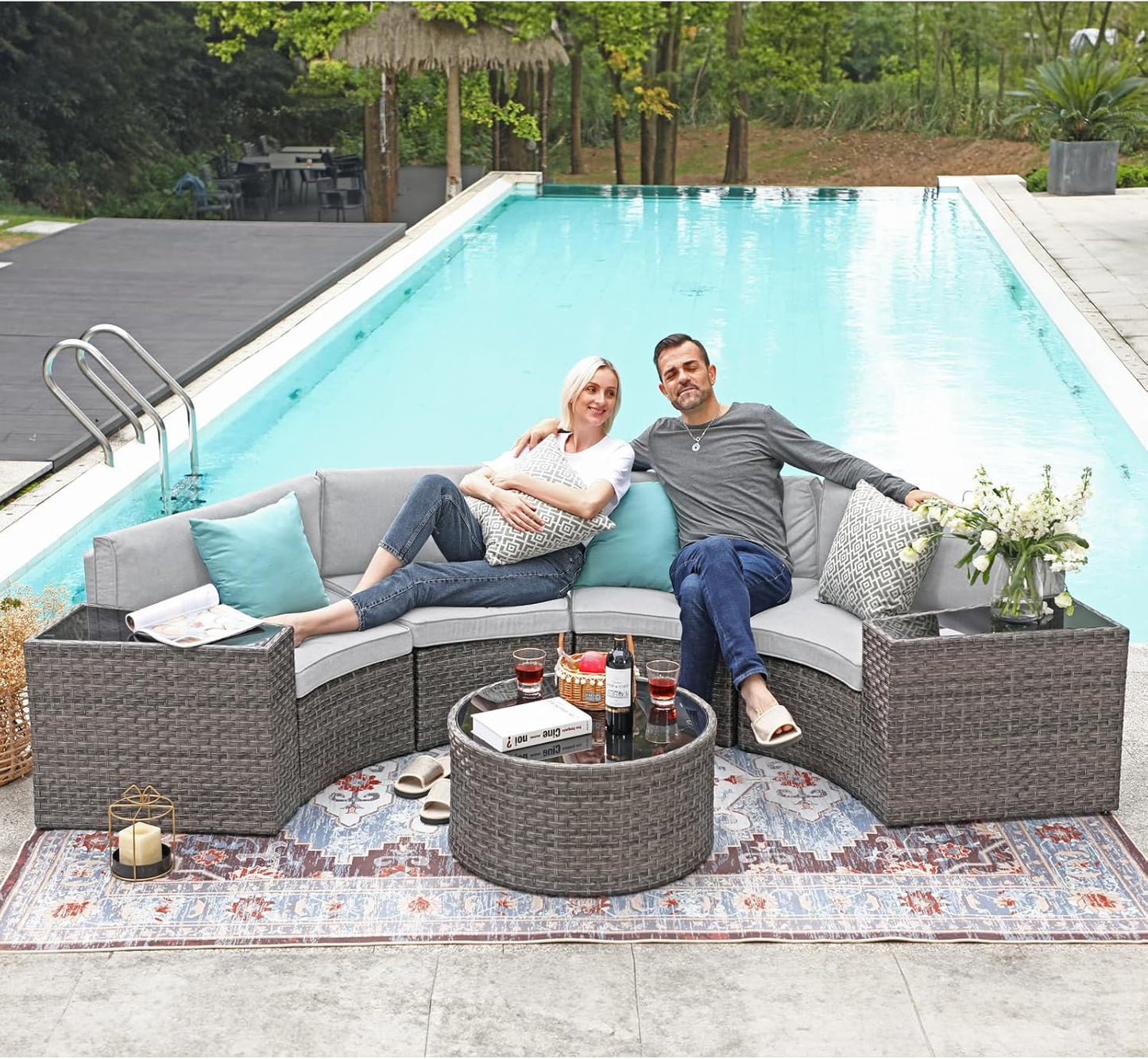 SUNSITT Outdoor Patio Furniture Sectional 7-Piece Half-Moon Curved Outdoor Sofa Set with Round Coffee Table, 4 Pillows & Waterproof Cover, Grey Rattan & Light Grey Cushion