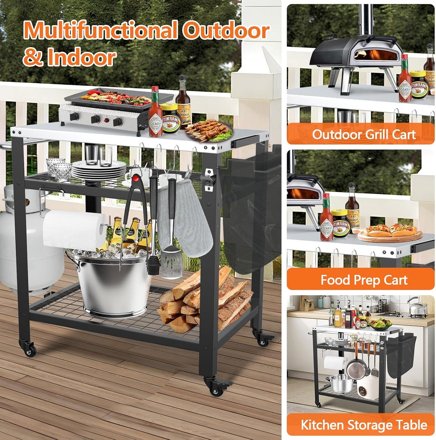 Stainless Steel Pizza Oven Table for Ooni, 650lbs Outdoor Grill Cart with Wheels and Handle, 32"x 24" Three-Shelf Food Prep Cart for Griddle, Movable Outdoor Pizza Cart