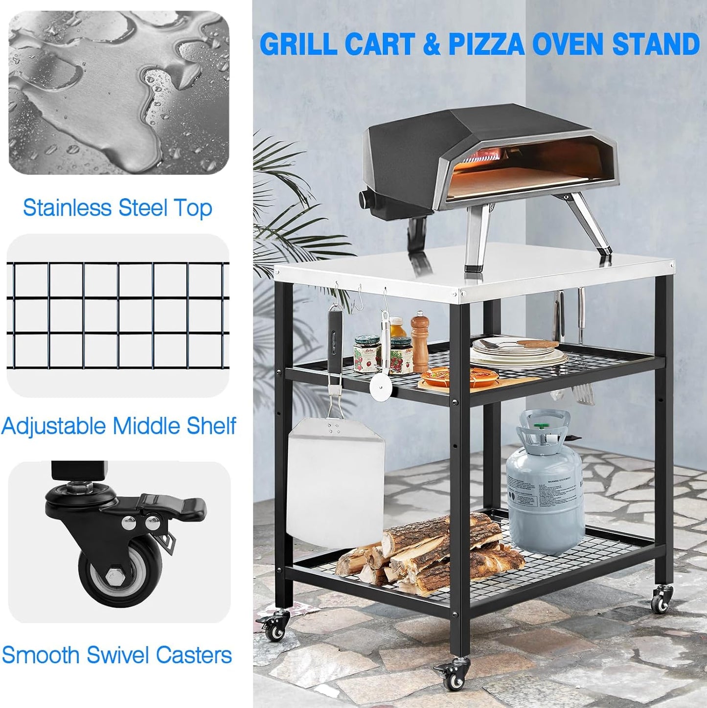 Stainless Steel Outdoor Grill Cart Pizza Oven Stand Trolley Table with Wheels Three-Shelf Movable Food Prep and Work Table Heavy Duty Grill Carts Outdoor Cart 31.5"×24"×35.5"