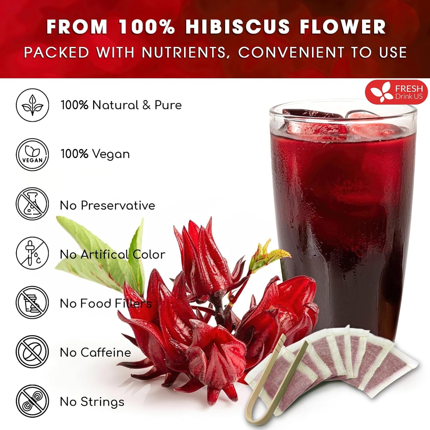 FreshDrinkUS Premium 30 Hibiscus Tea Bags, 100% Natural & Pure, Loose Flower Herbal Tea, No Sugar, Caffeine, Gluten, Vegan
