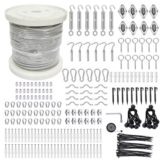 1/8" Wire Cable Rope Kit ，Vinyl Coated 304 Stainless Steel Wire – 300FT 7x7 Strand Cable with Turnbuckles，Shade Sail & Hanging Lights Hardware Kit for Outdoor, Garden,Patio, Crafts, Hanging Lights