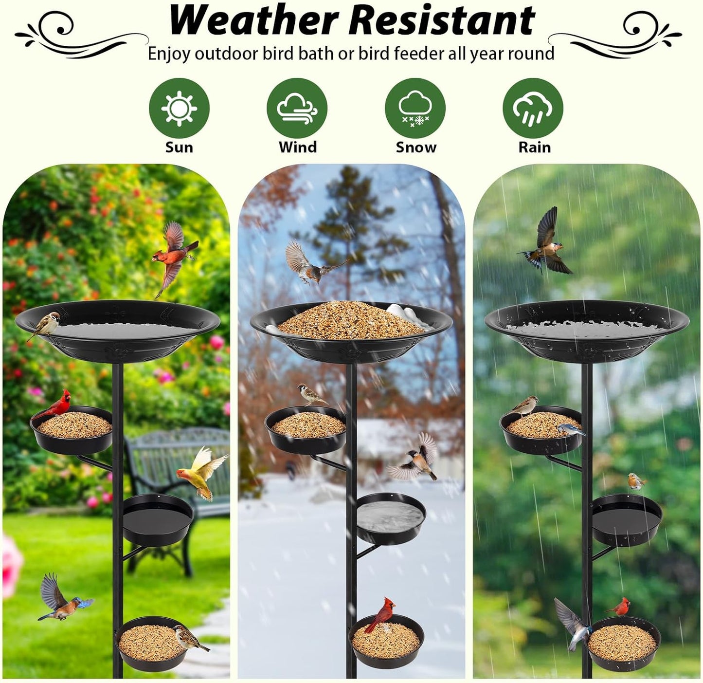 BOLITE Bird Bath for Outside, Metal Freestanding Birdbaths with Large Water Basin, Small Water Basin and Two Small Seed Bowls, Outdoors Garden Patio Yard Lawn Decor, Upgraded 5-Pronged Base, Black