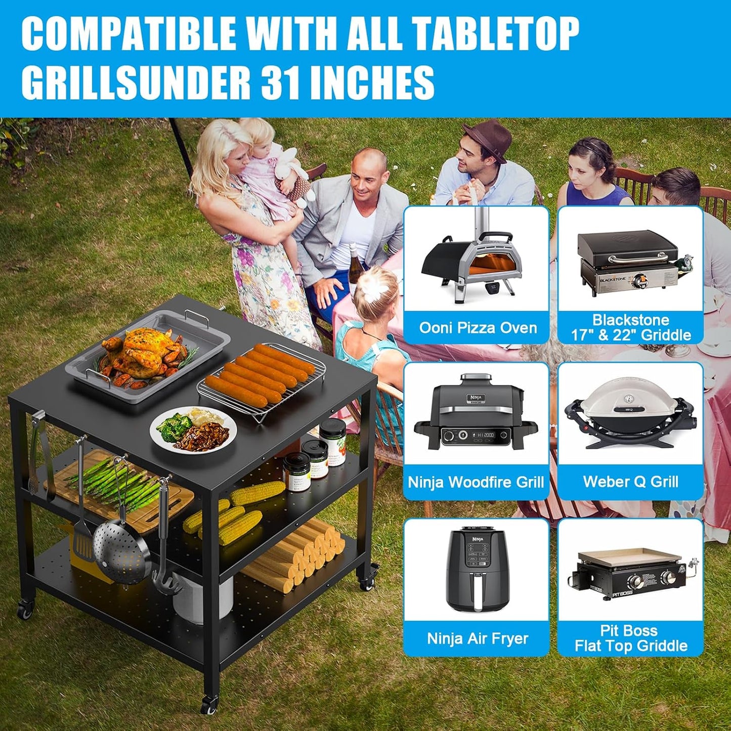 Outdoor Grill Cart Pizza Oven Stand Table with Wheels, Three-Shelf Movable Dining BBQ Food Prep and Work Cart Table, Kitchen Rolling Trolley Cart, Grill Tables for Outside with Waterproof Cover