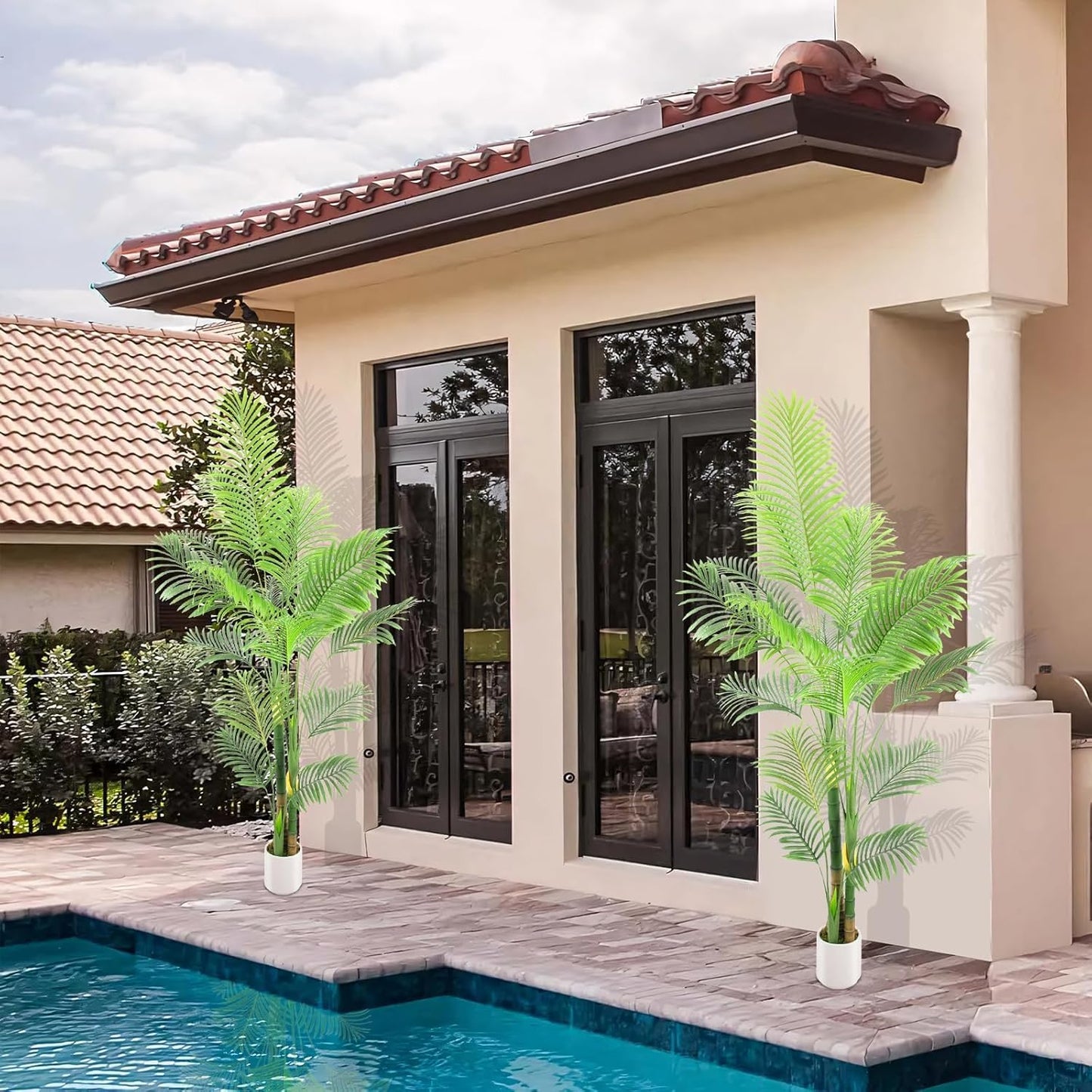 Artificial Fake Palm Tree 7FT 2Pack with White Planter & Free Moss, UV Resistant Artificial Palm Tree for Outdoors, Fake Plants for Poolside Home Room Decor, Faux Plants Outdoor Decor