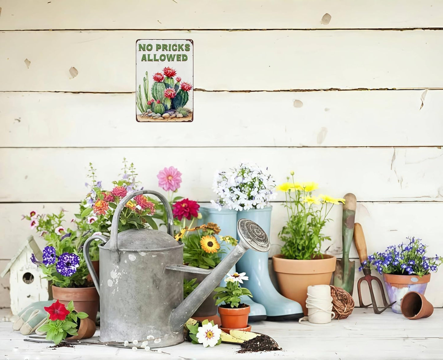 Bestylez Garden Gifts Vintage Cactus No Pricks Allowed Gardening Signs for Home Garden Greenhouse Living Room Bedroom Yard Outdoor Decor 8X12 Inch (3365)