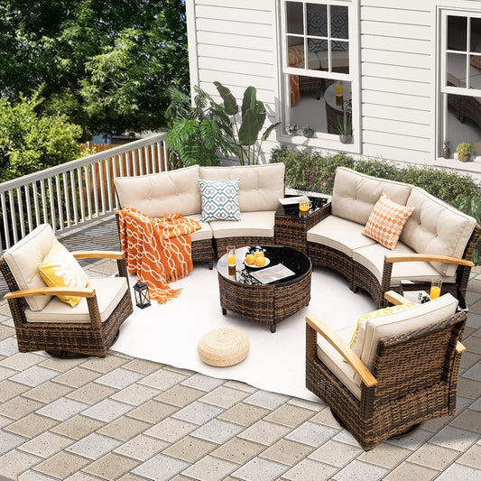 9 Piece Outdoor Patio Furniture Set, Half-Moon Curved Sectional Set with Wood Armrests, Patio Conversation Set, Tempered Glass Coffee & Side Tables（Brown）