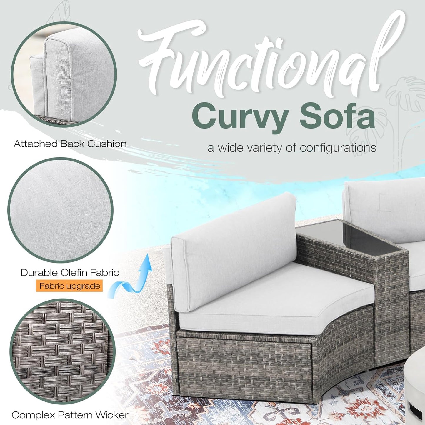 SUNSITT Outdoor Patio 8-Piece Half Moon Curved Furniture Sofa Set Grey Wicker Sectional Sofa Light Grey Cushions with 2 Side Table