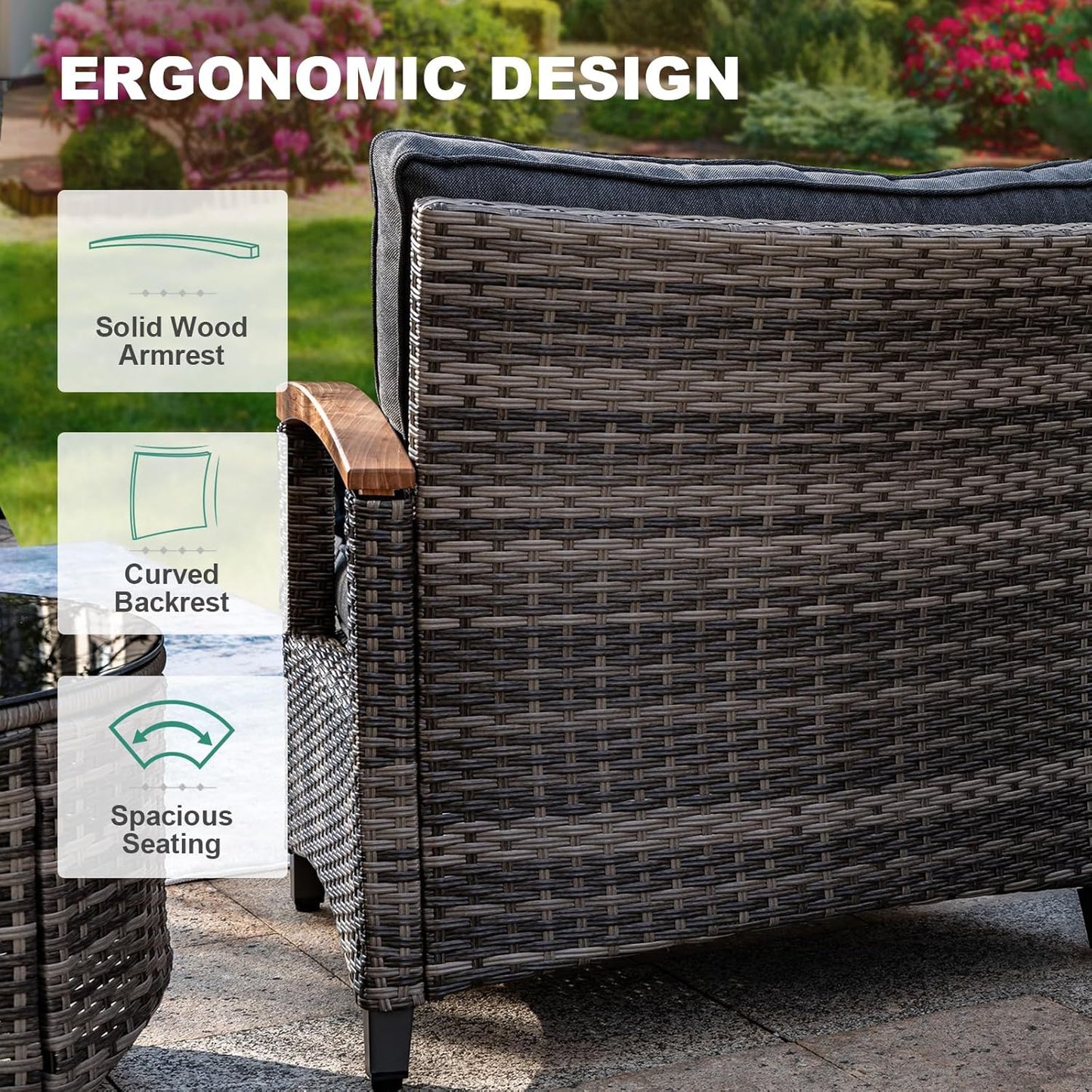 9 Piece Outdoor Patio Furniture Set, Half-Moon Curved Sectional Sofa Rattan Conversation Set with 2 Wood Armrests Swivel Rocker Chairs, Round Coffee Table & Side Table（Grey）